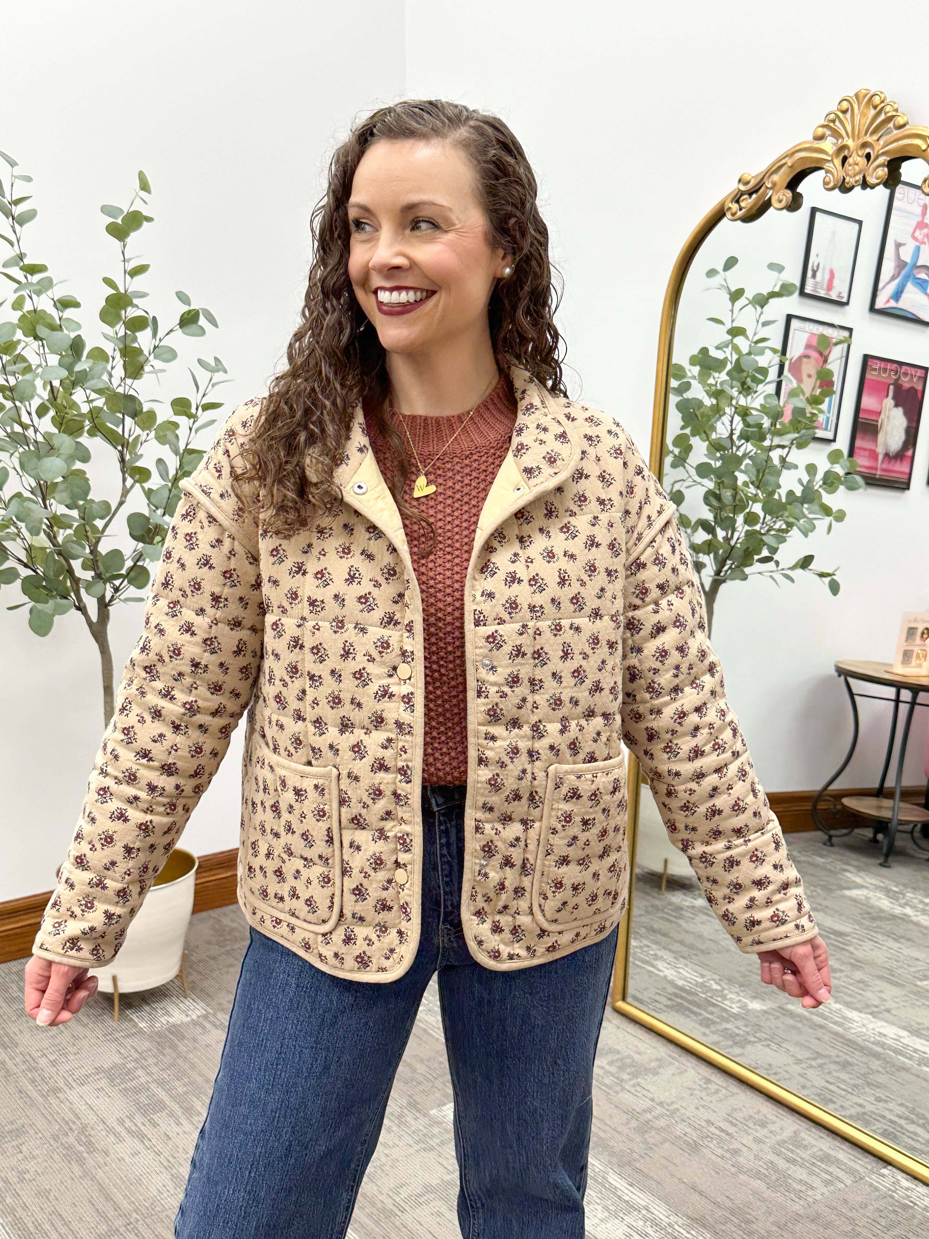 Floral Quilted Jacket with Pockets