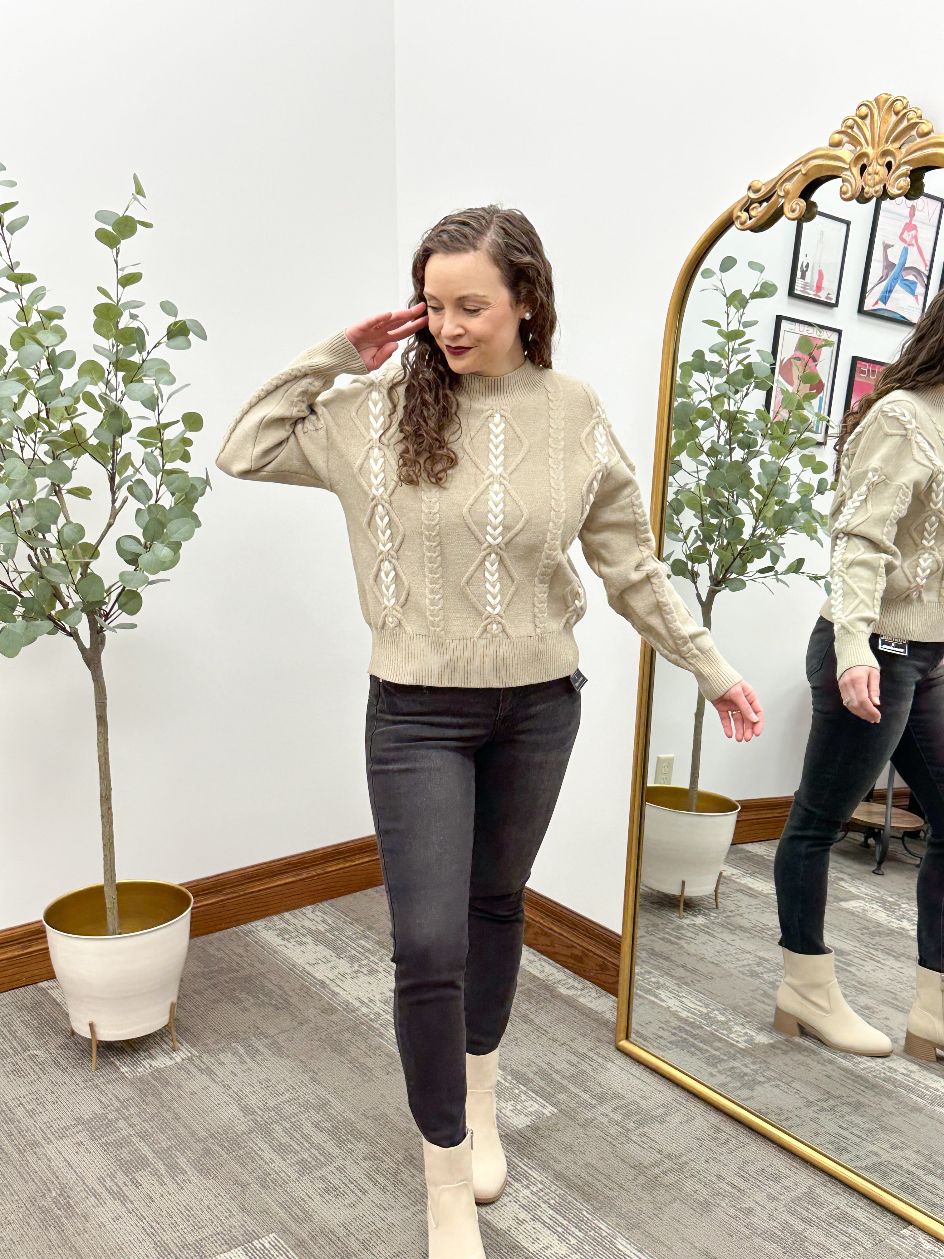 Beige Braid Detail Cable Knit Sweater