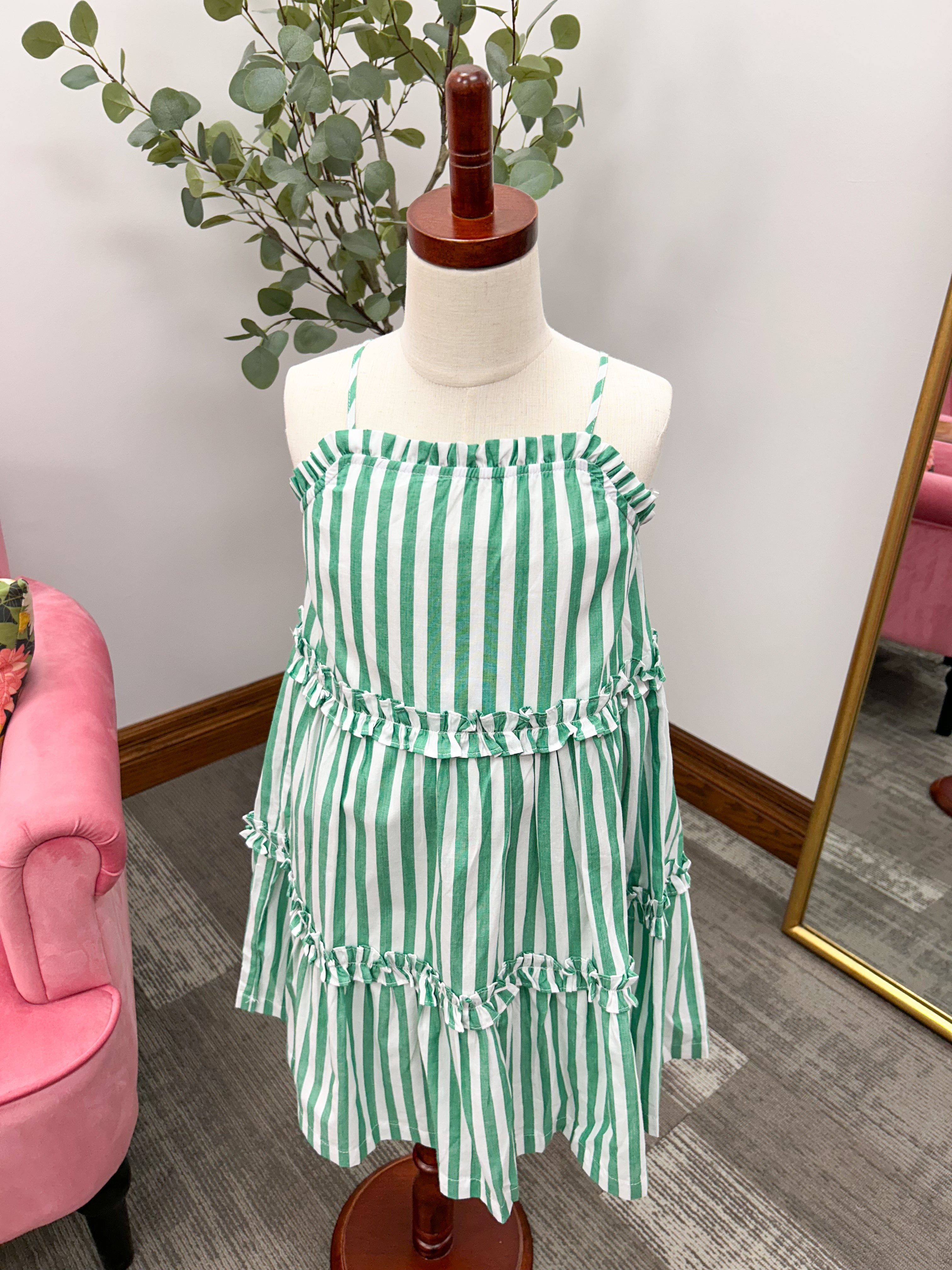 Girls Green Stripe Ruffle Dress