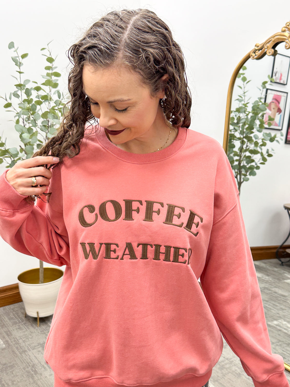 Coffee sweatshirt, coffee weather sweatshirt, pink sweatshirt, coffee lover