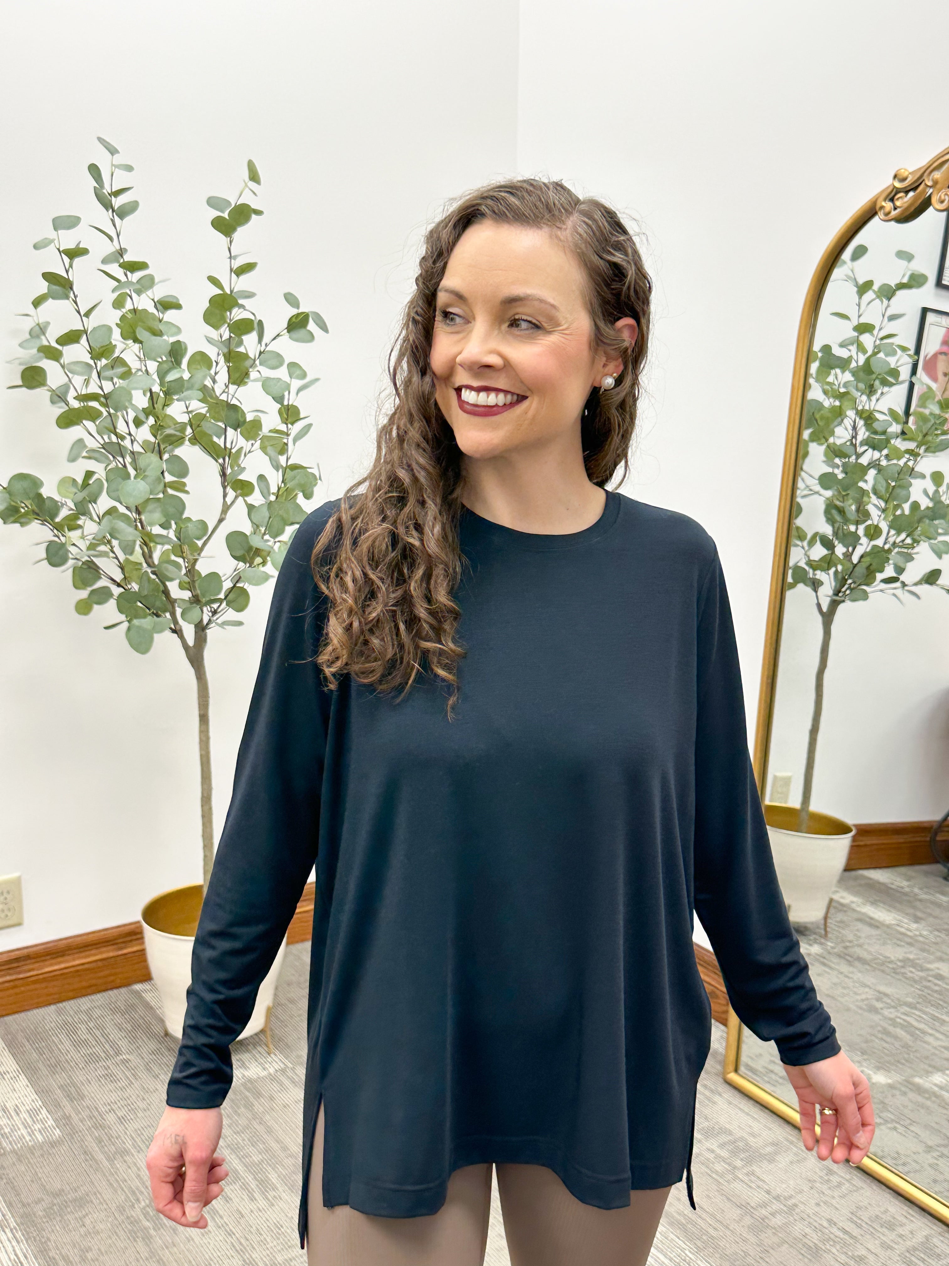 Deep Navy Long Sleeve High Low Hem Top