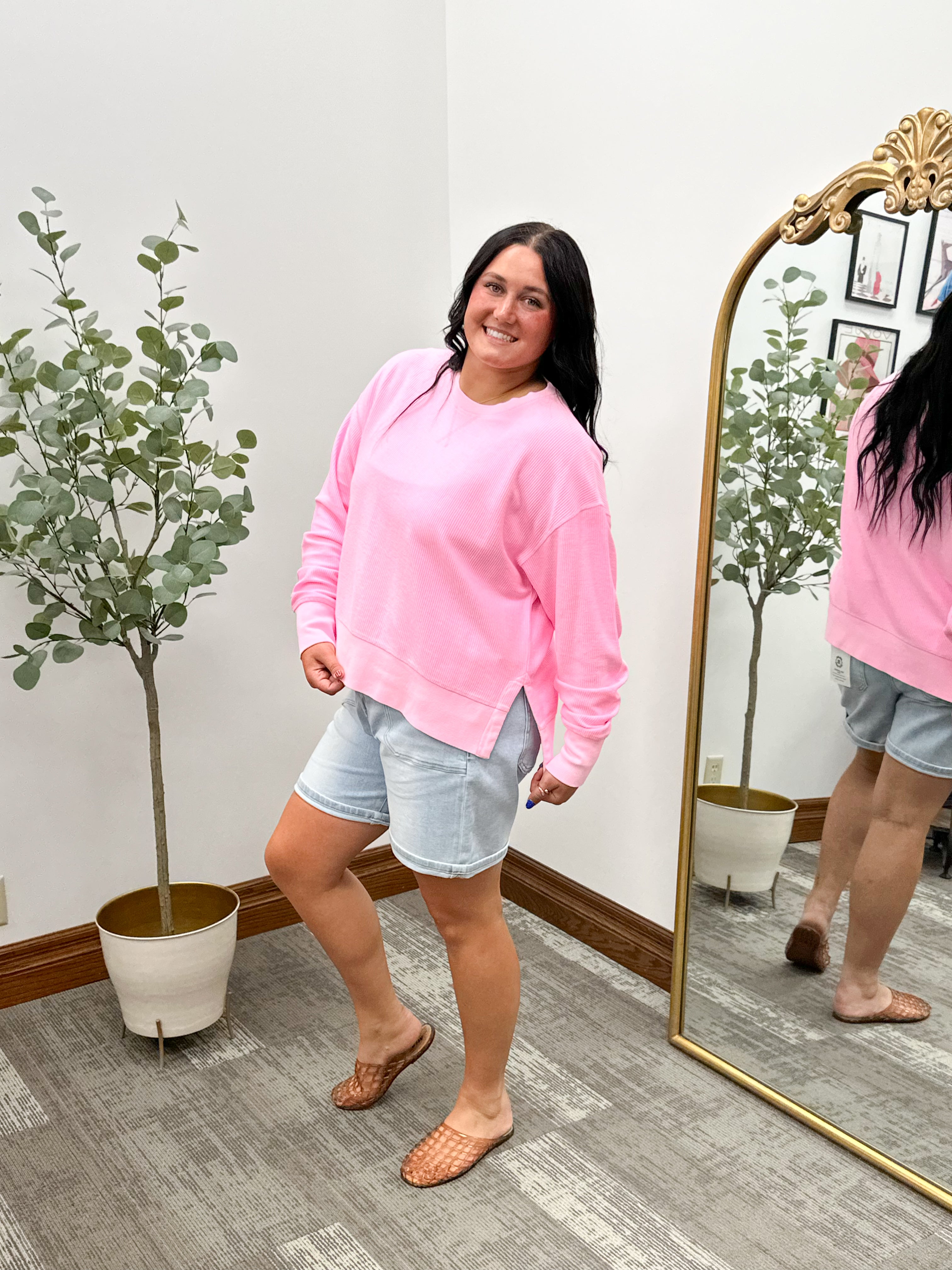 Neon Pink Split Hem Corded Crewneck