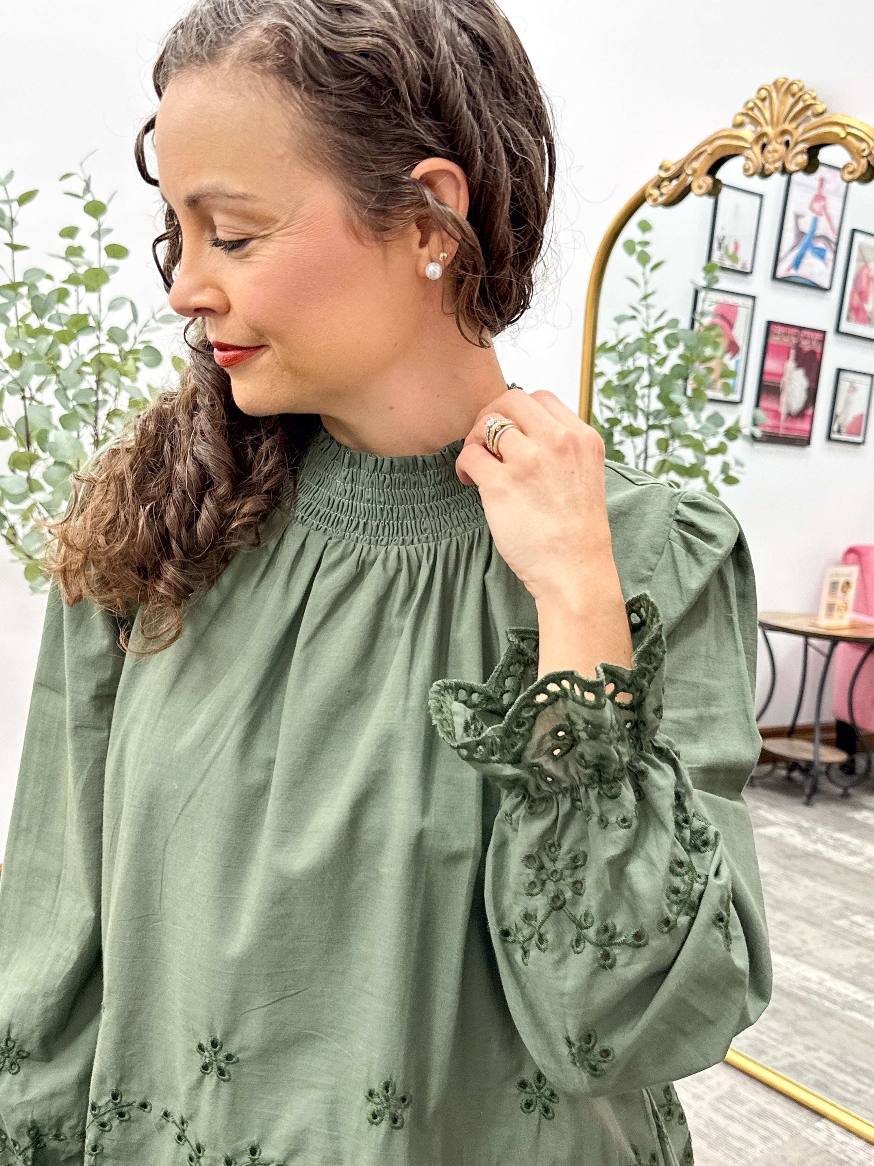 Olive Scallop Hem Eyelet Top