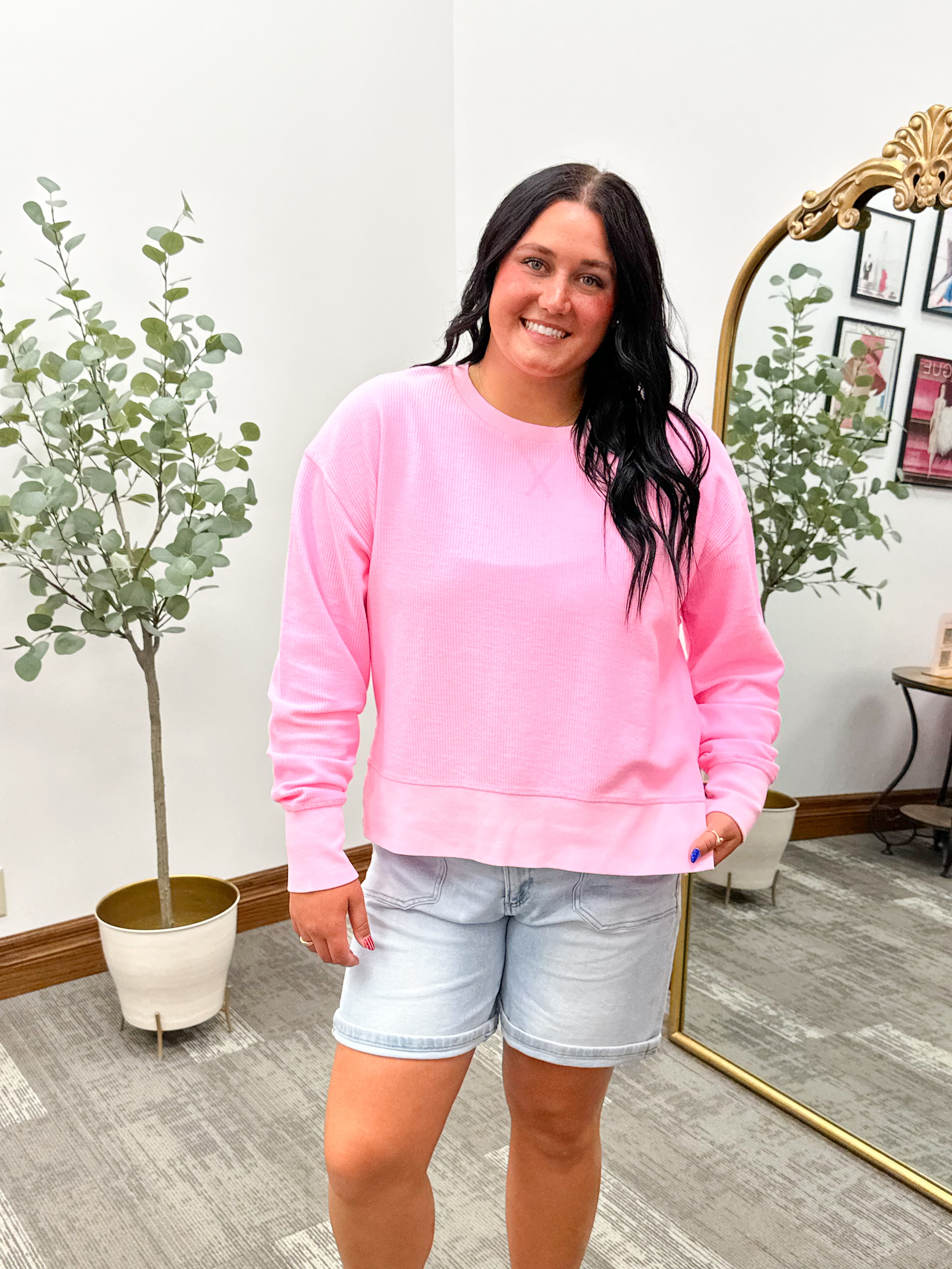 Neon Pink Split Hem Corded Crewneck