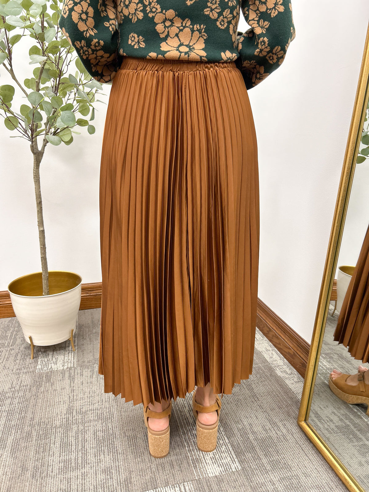 Brown Satin Pleated Midi Skirt