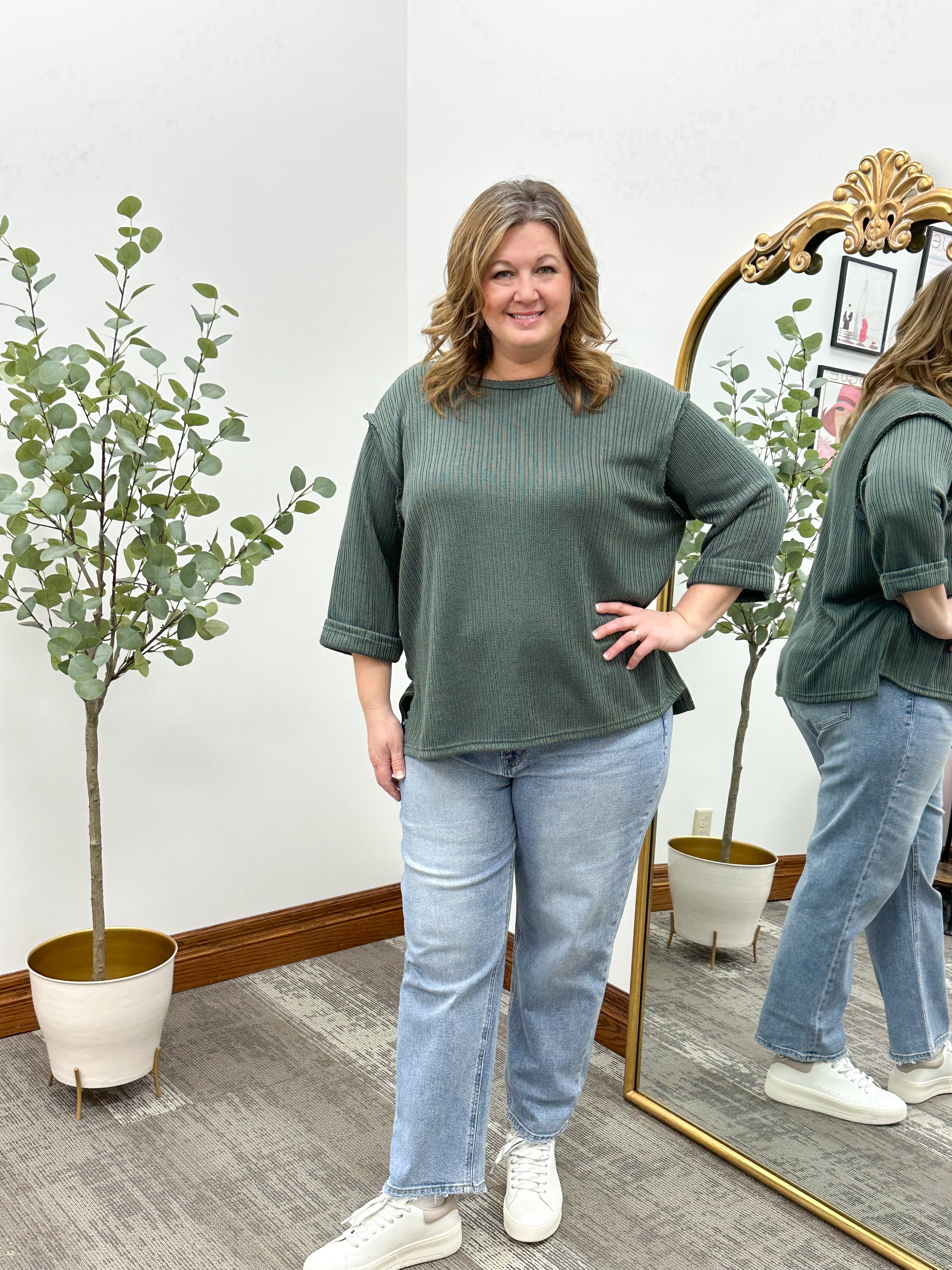 Oversized 3/4 Sleeve Dark Teal Knit Top