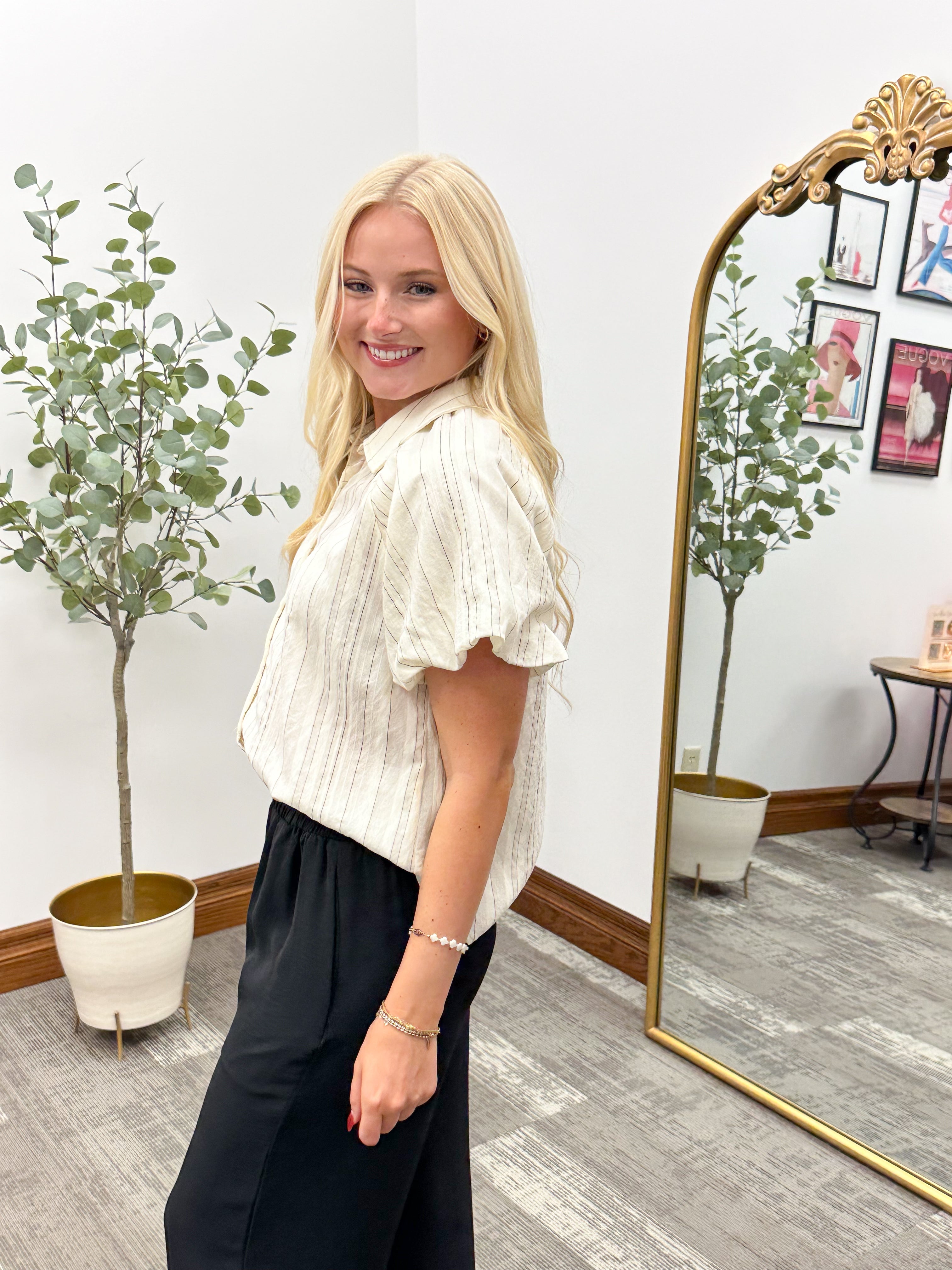 Striped Button Down Bubble Sleeve Blouse