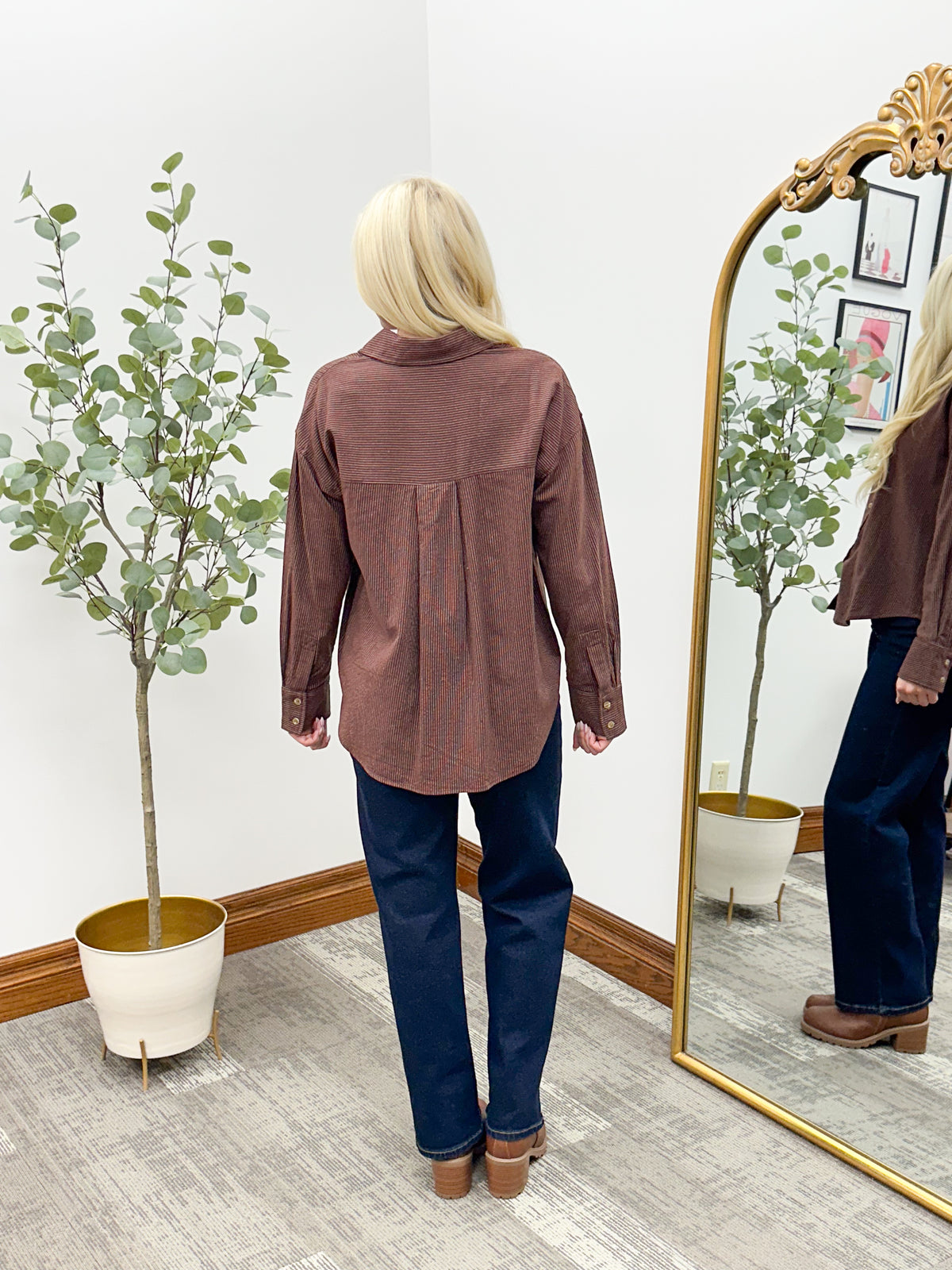 Brown Pinstripe Boyfriend Button Down Shirt