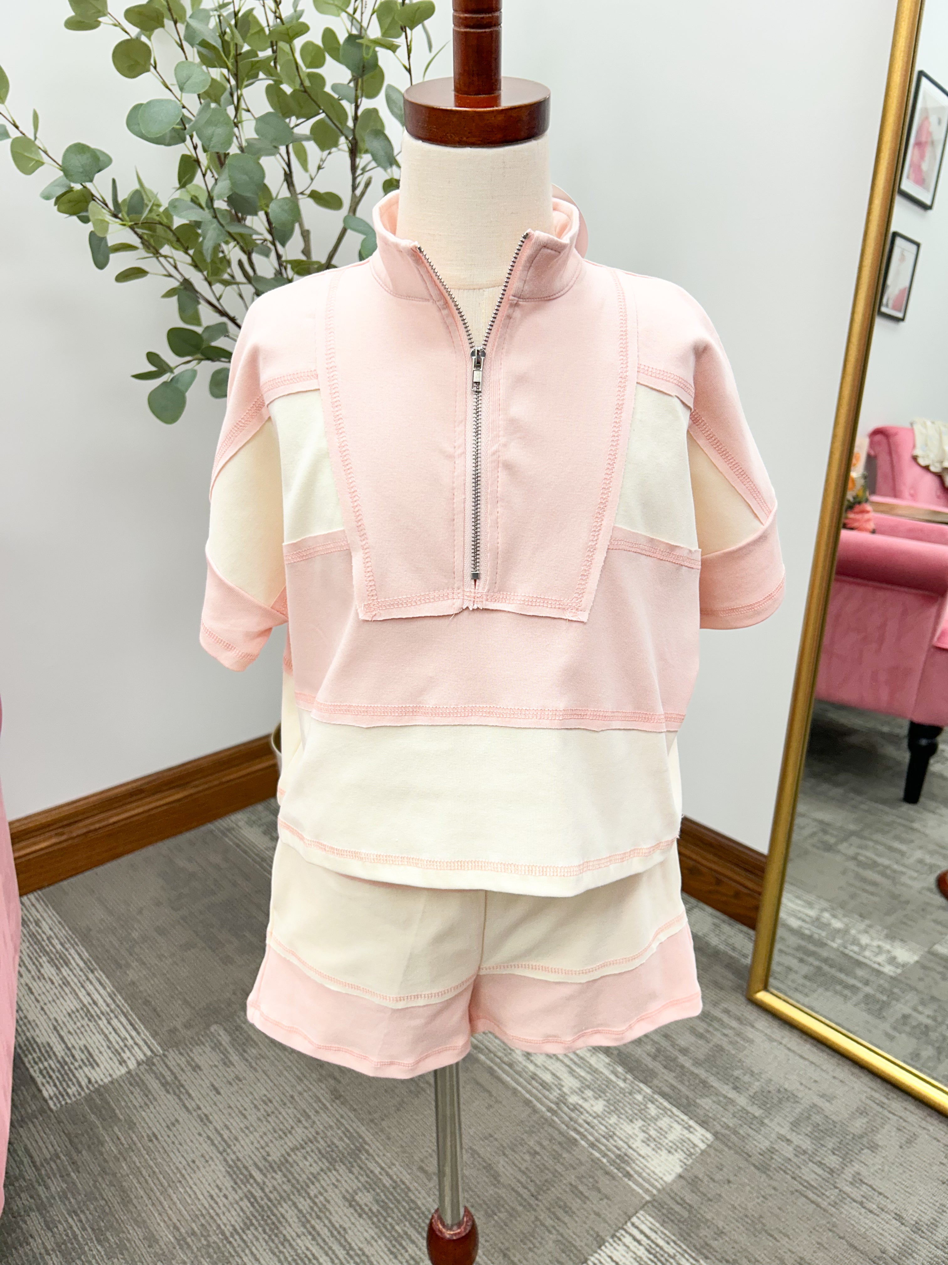 Girls Pink & Cream Color Block Pullover