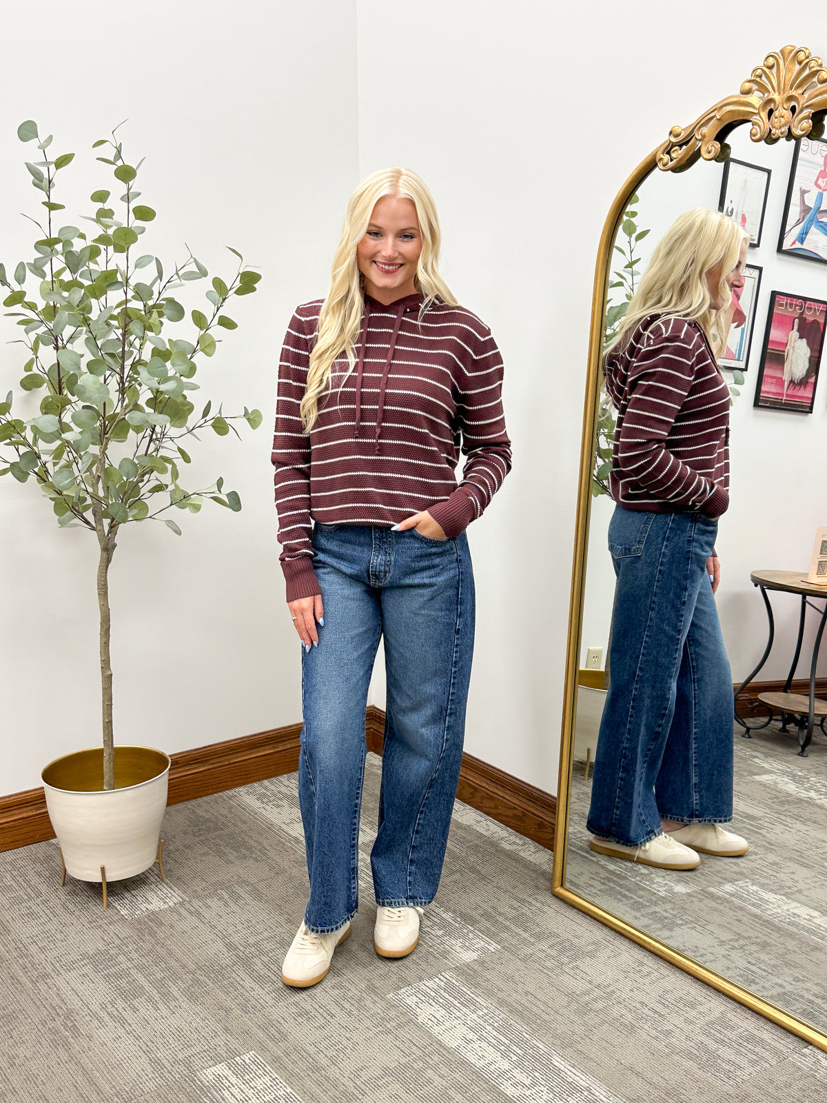 Striped Waffle Knit Hooded Sweater