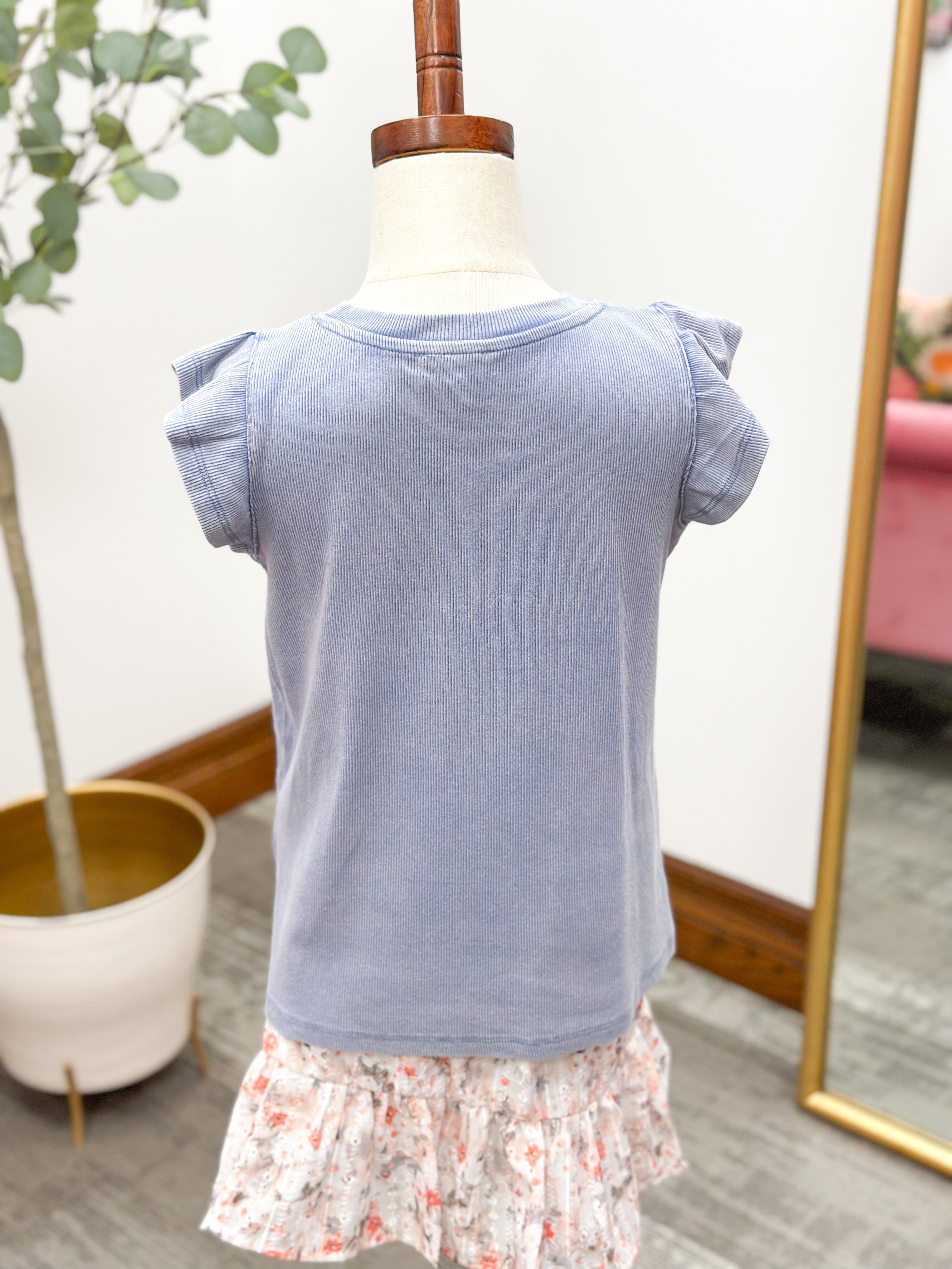 Girls Dusty Blue Ruffle Sleeve Top