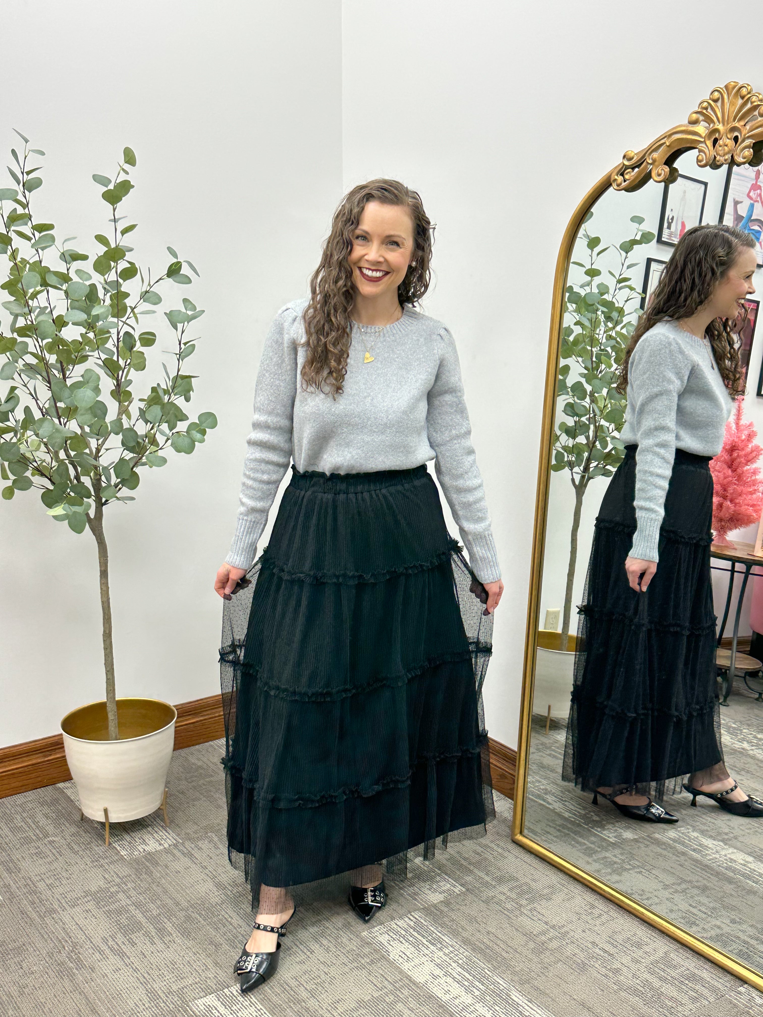 Polka Dot Black Tulle Tiered Midi Skirt