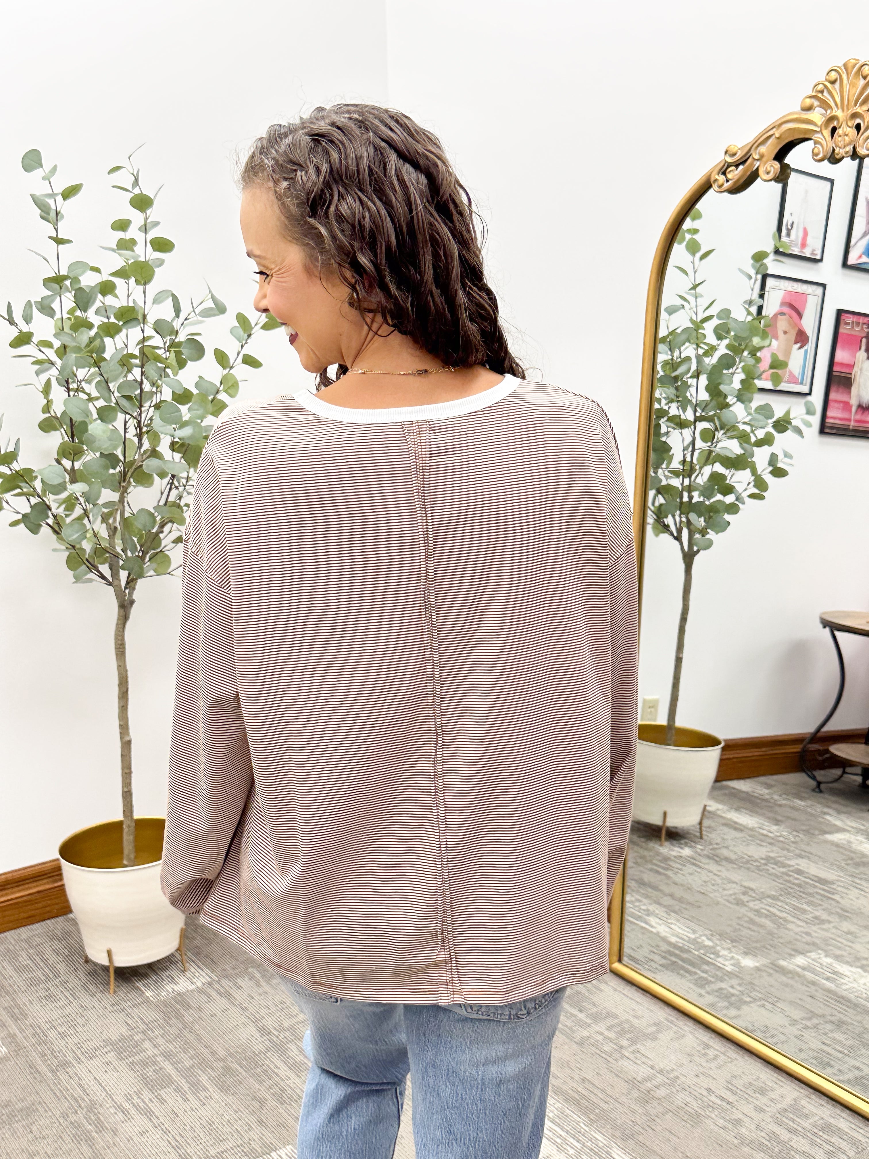 Striped Contrast Trim Long Sleeve Top