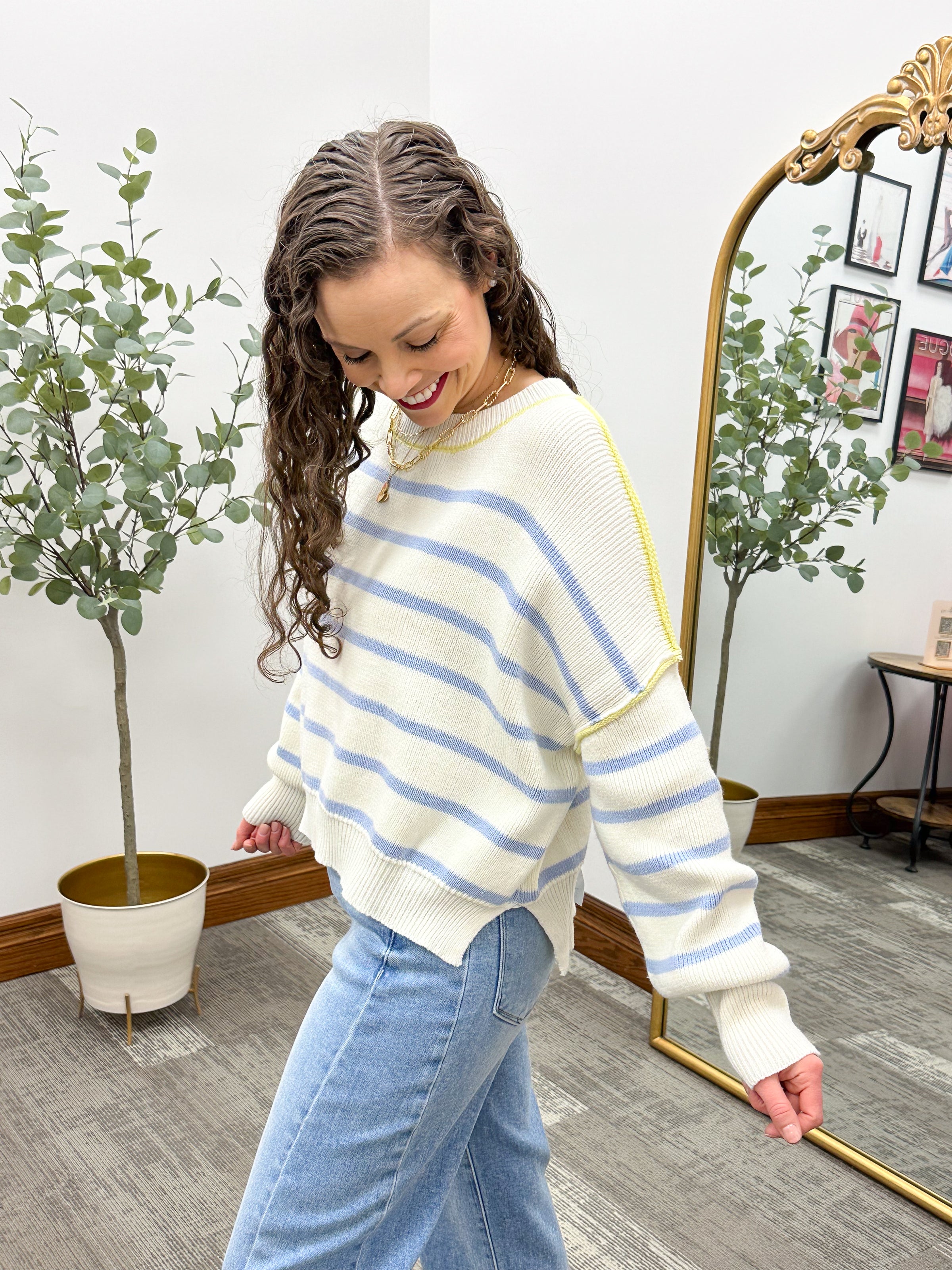 Blue Striped Drop Shoulder Sweater