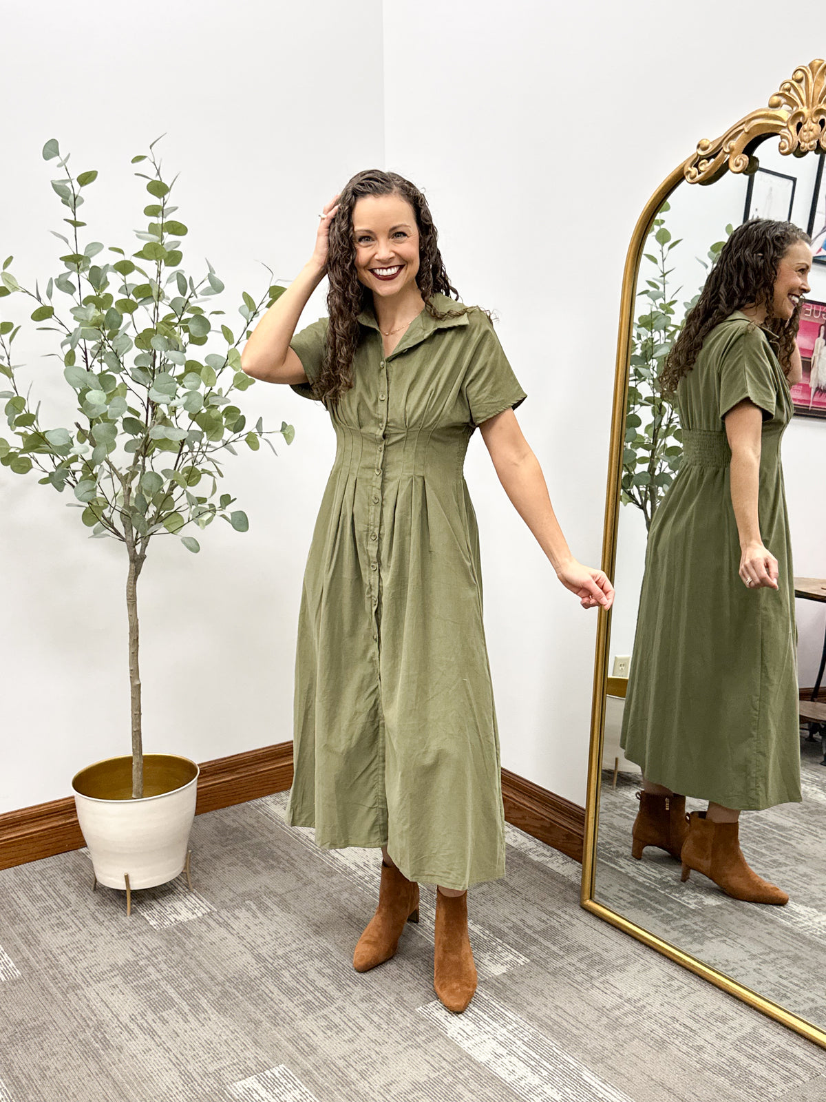 Olive Corduroy Button Front Midi Dress