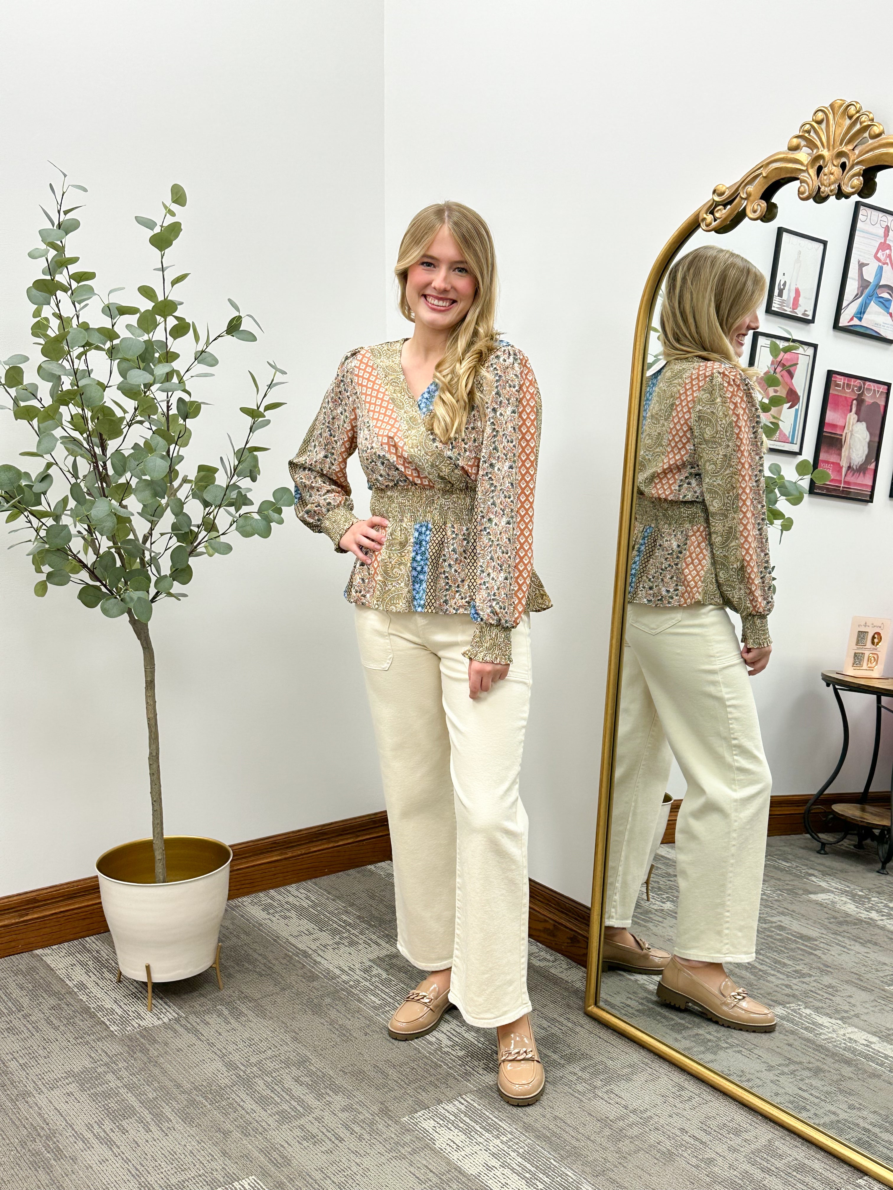 Multi Printed Smocked Peplum Blouse