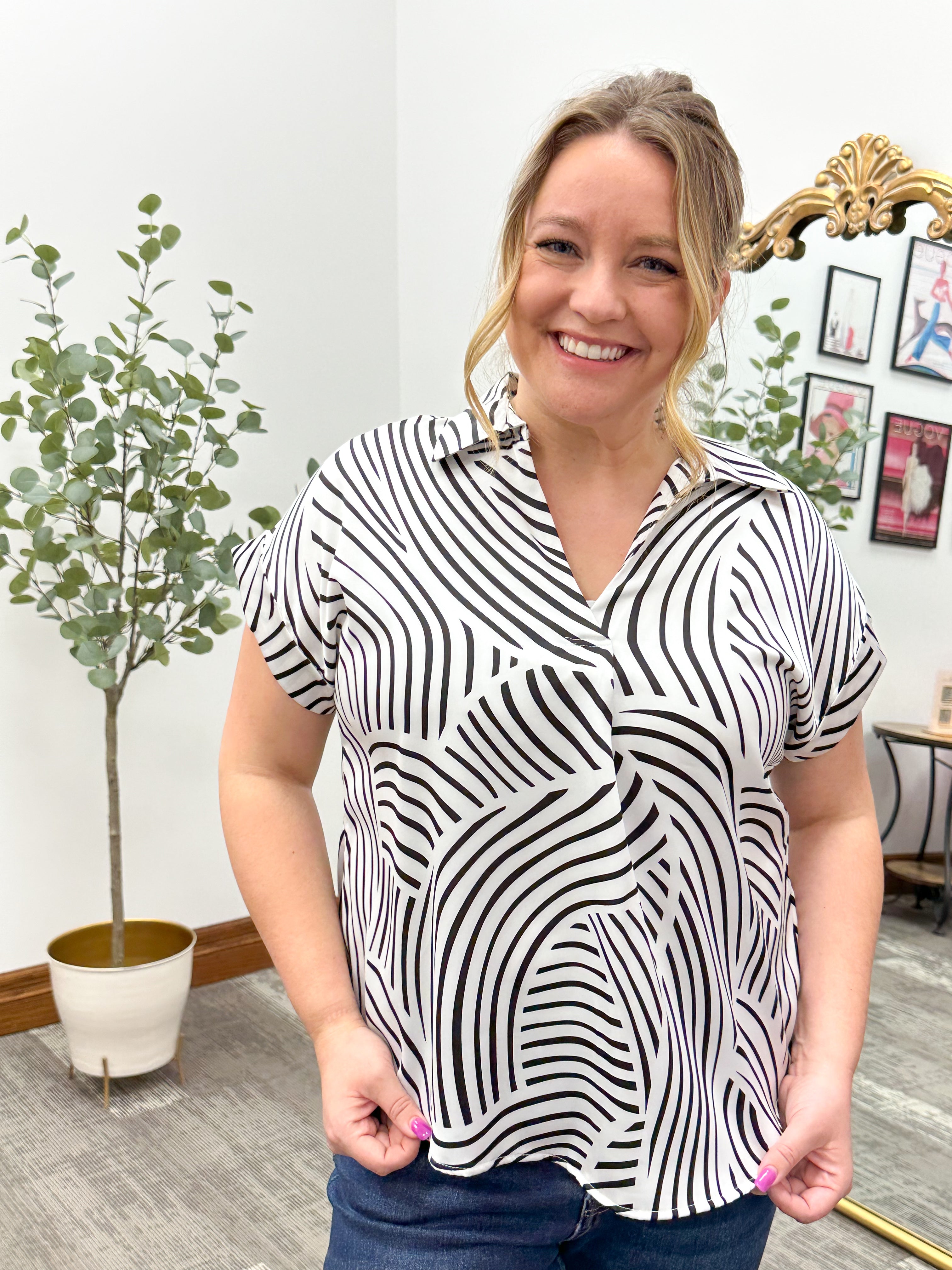 Megan Black + White Abstract Blouse