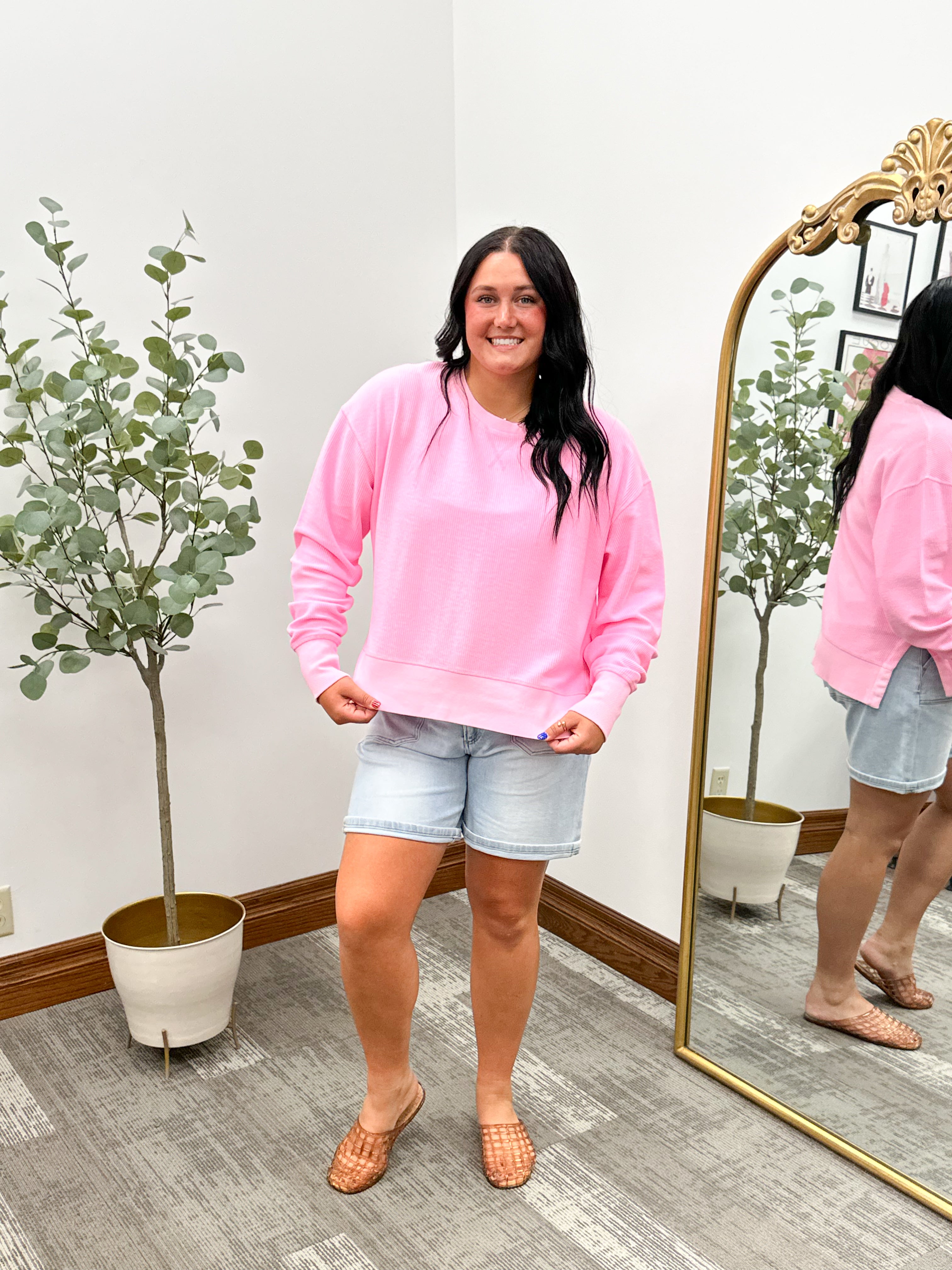 Neon Pink Split Hem Corded Crewneck