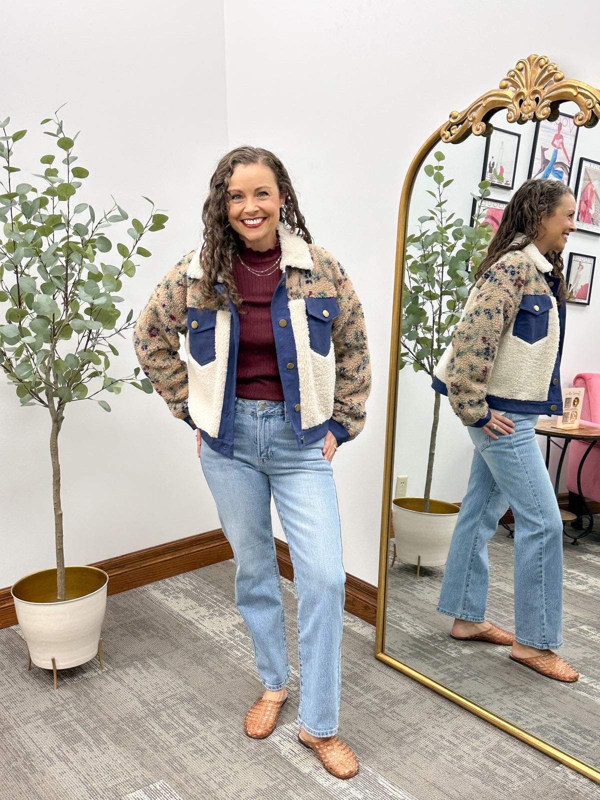 Floral Sherpa Button Up Bomber Jacket