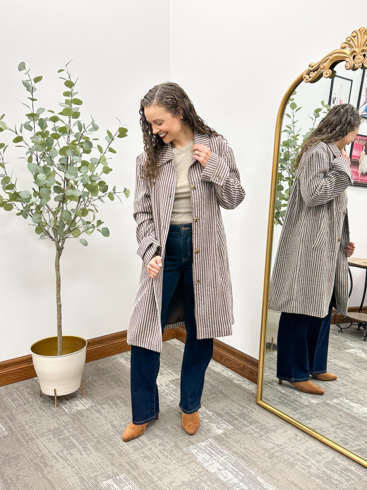 Brown & Ivory Striped Longline Coat