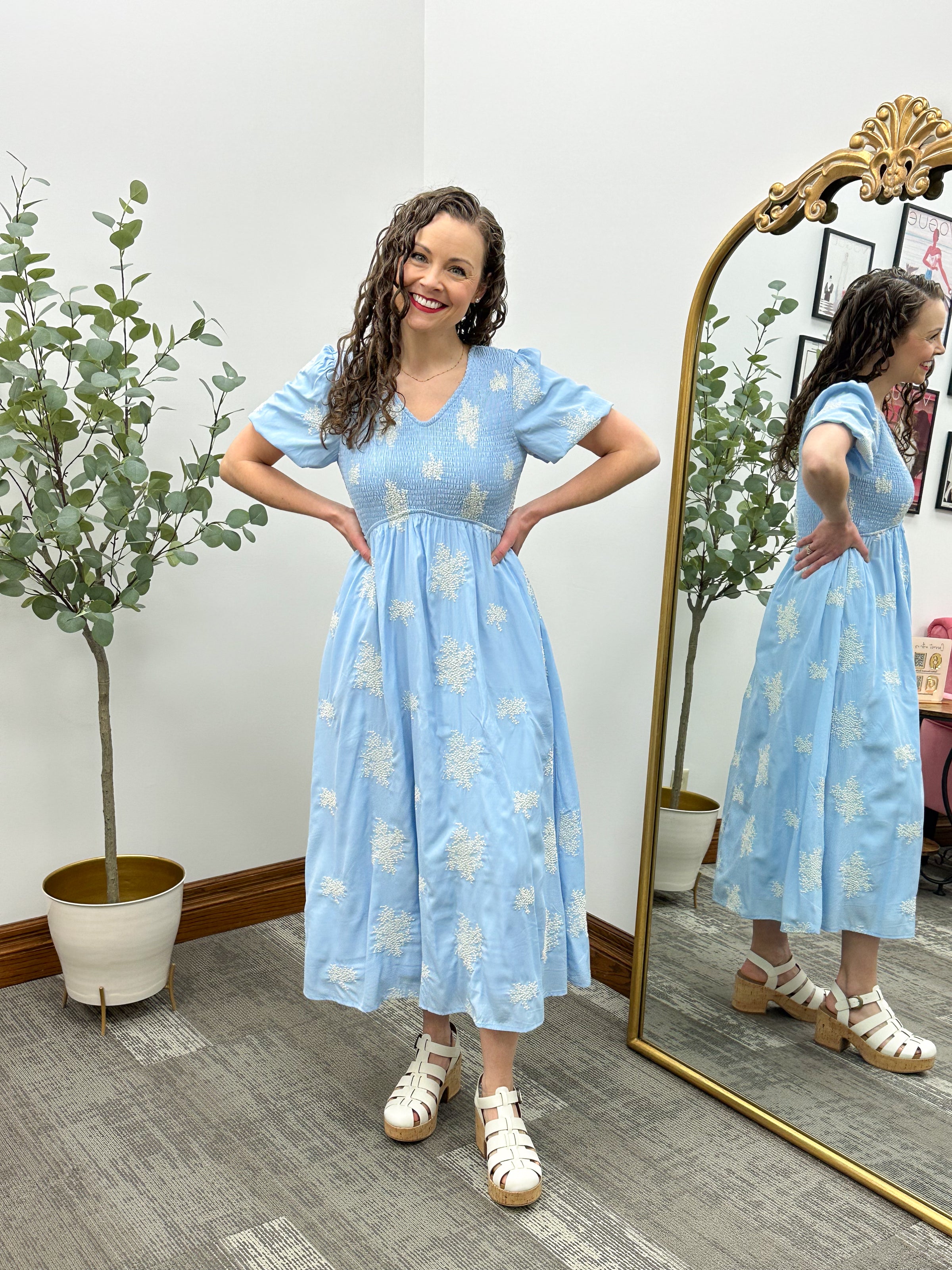 Sky Blue Embroidered Midi Dress