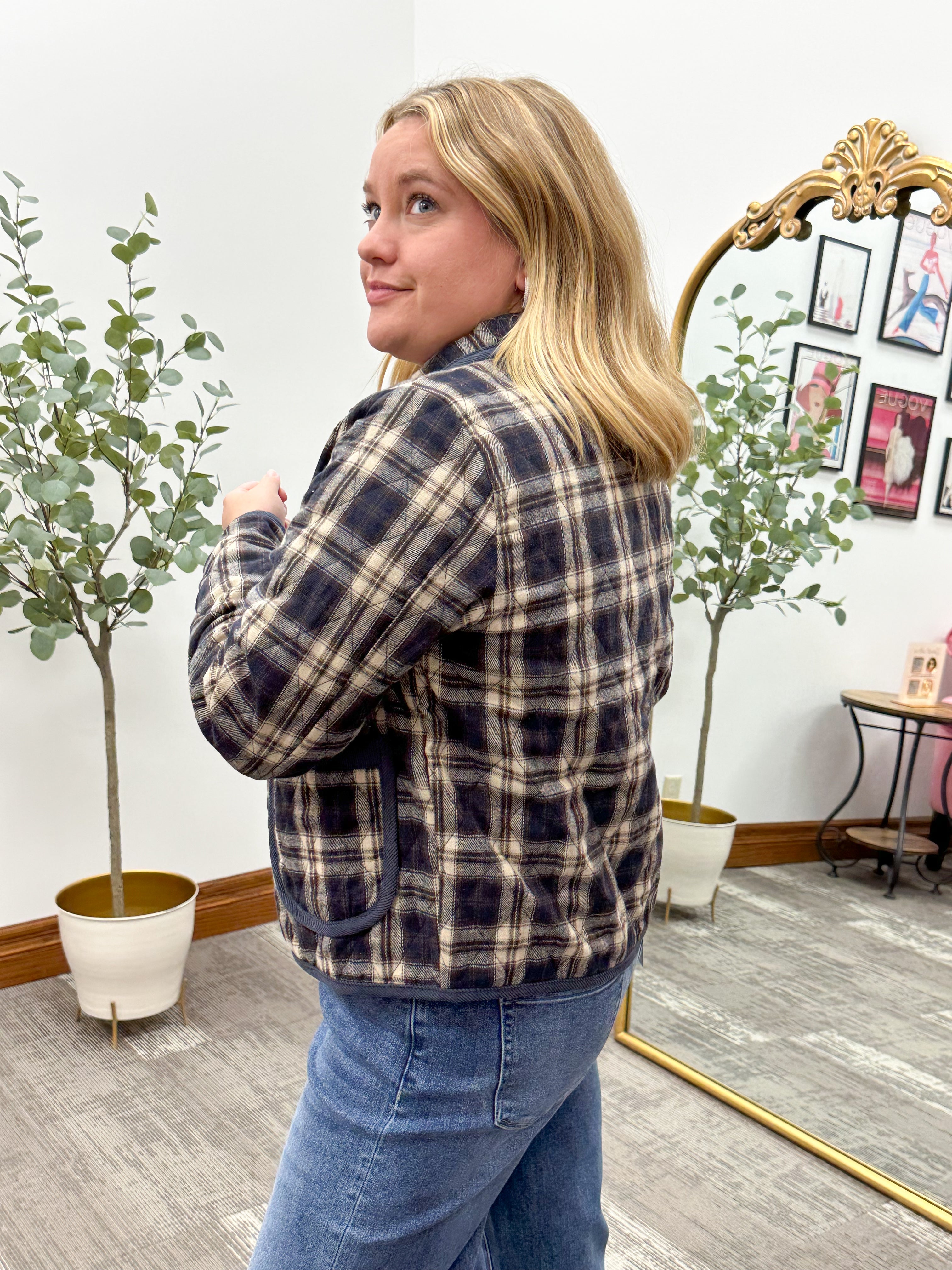 Navy Plaid Quilted Jacket