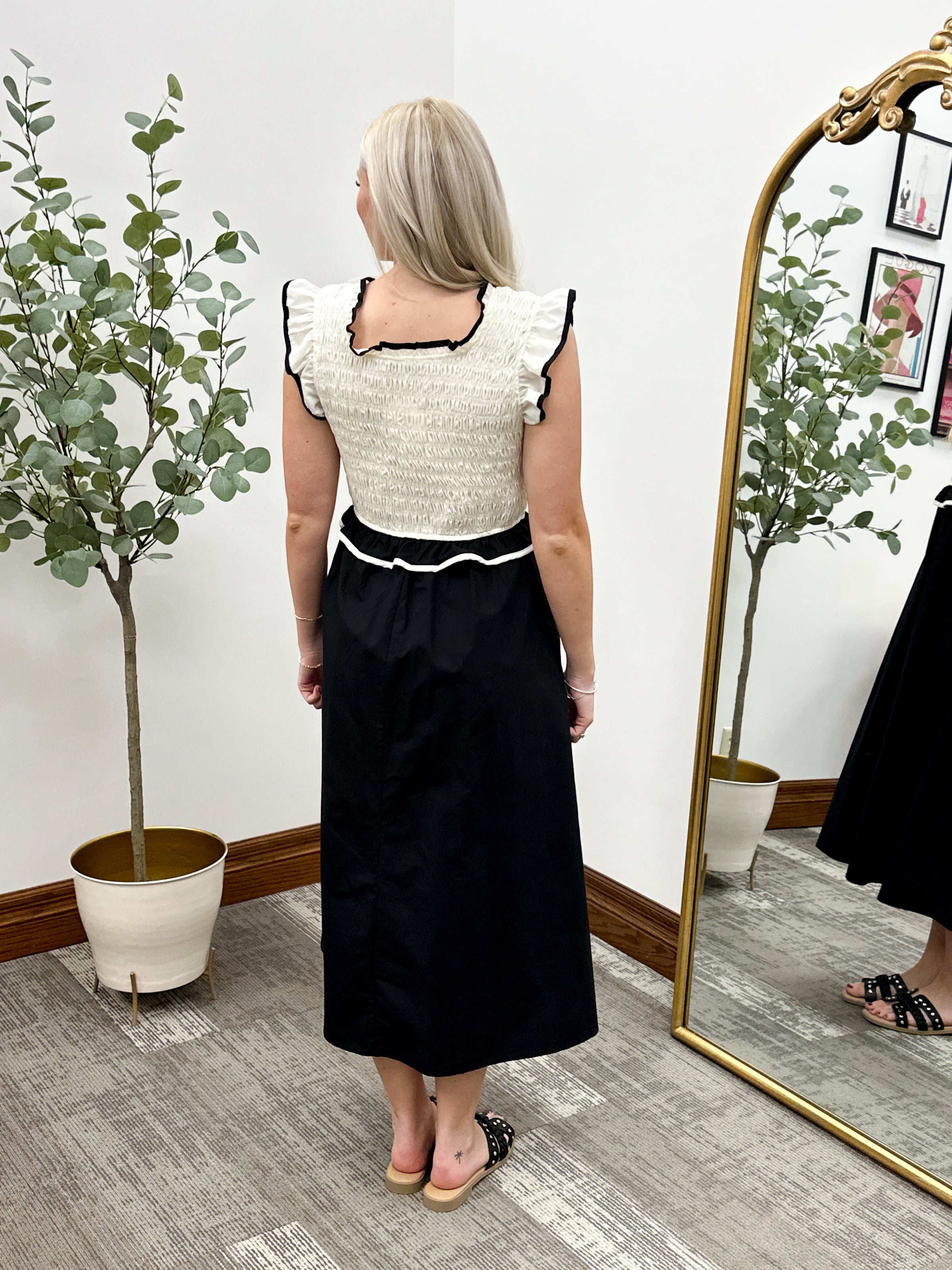 Black & Cream Smocked Midi Dress