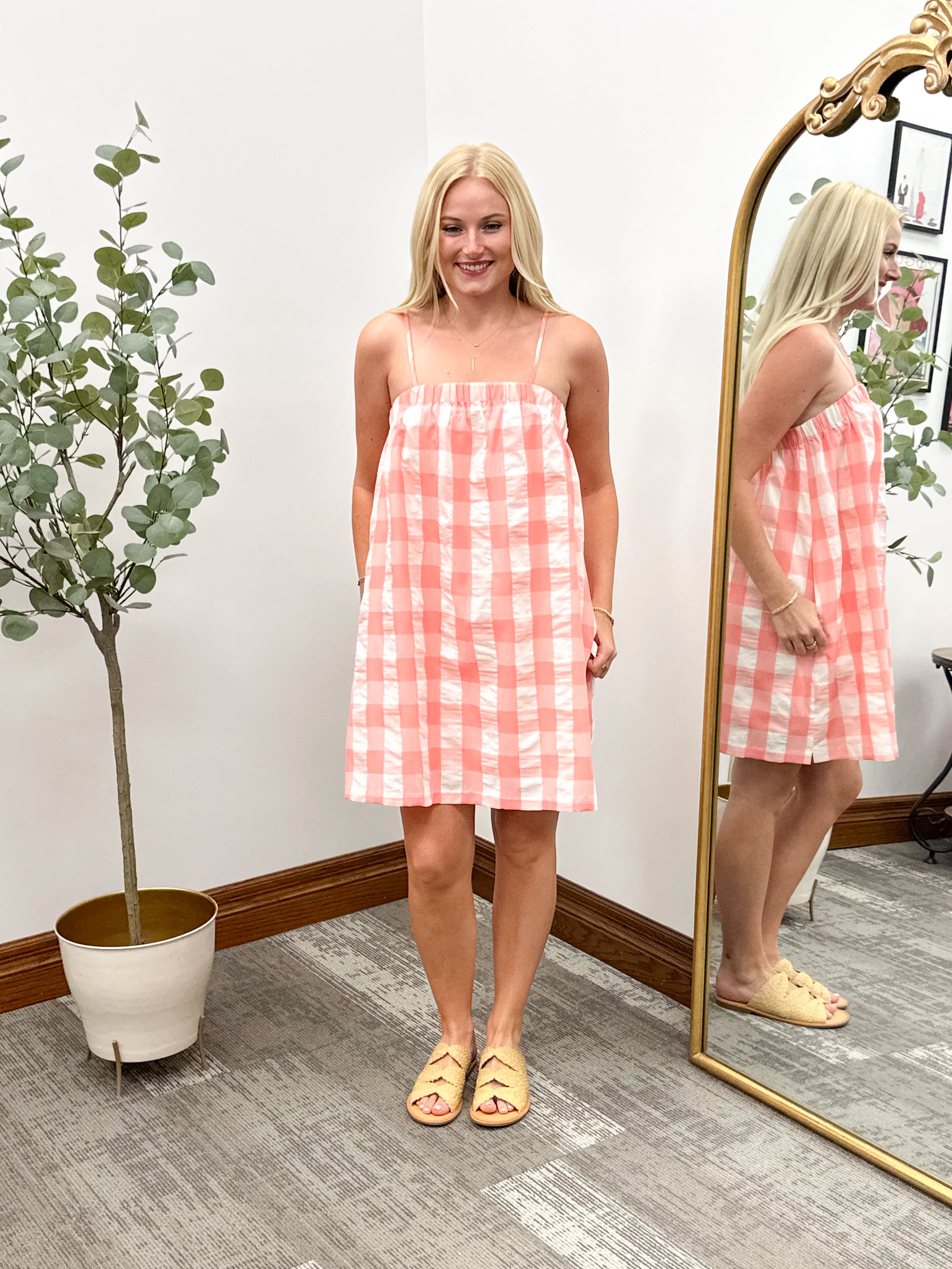 Coral Plaid Spaghetti Strap Mini Dress