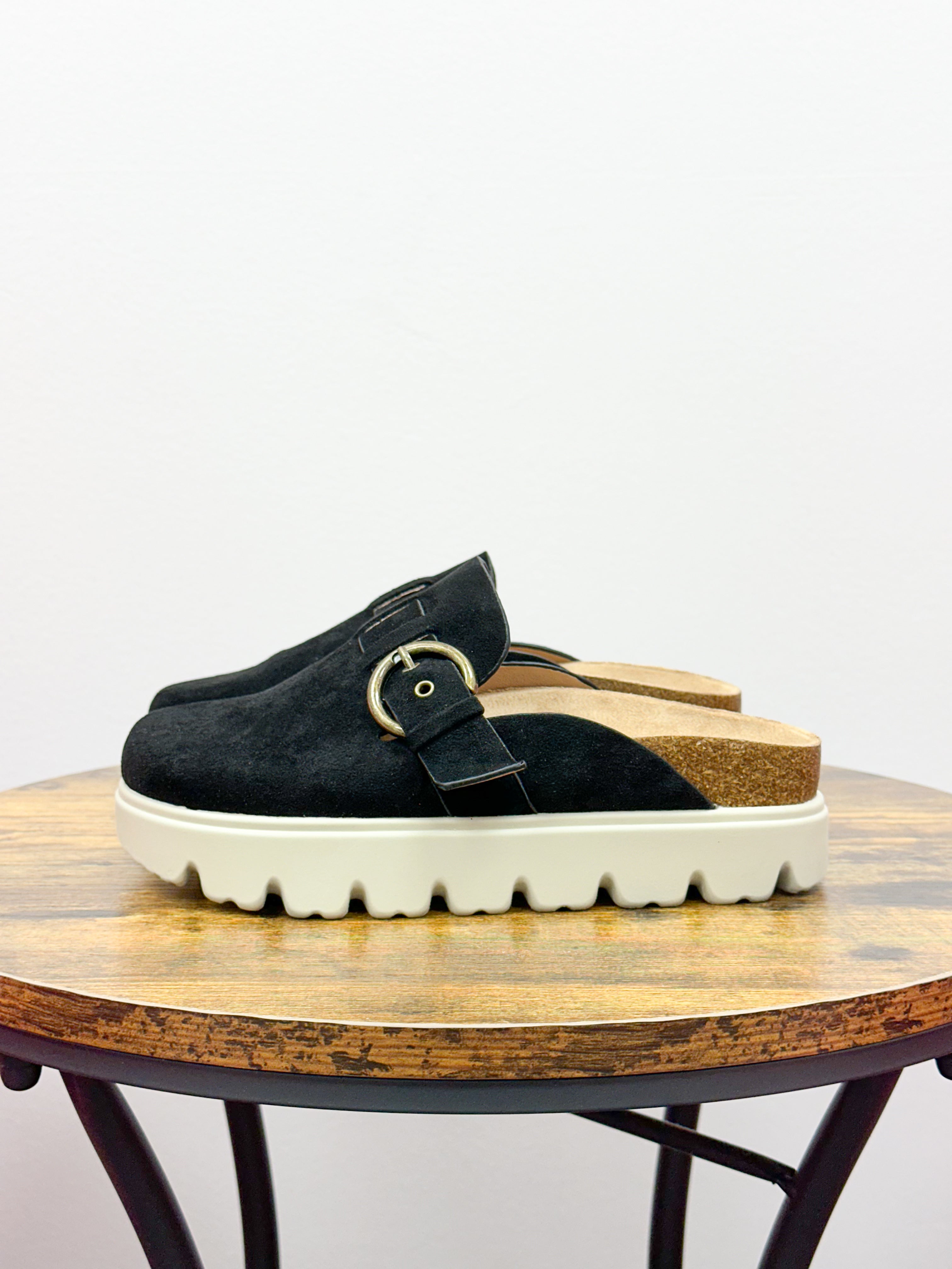 Corkys Tardy Black Faux Suede Platform Mules