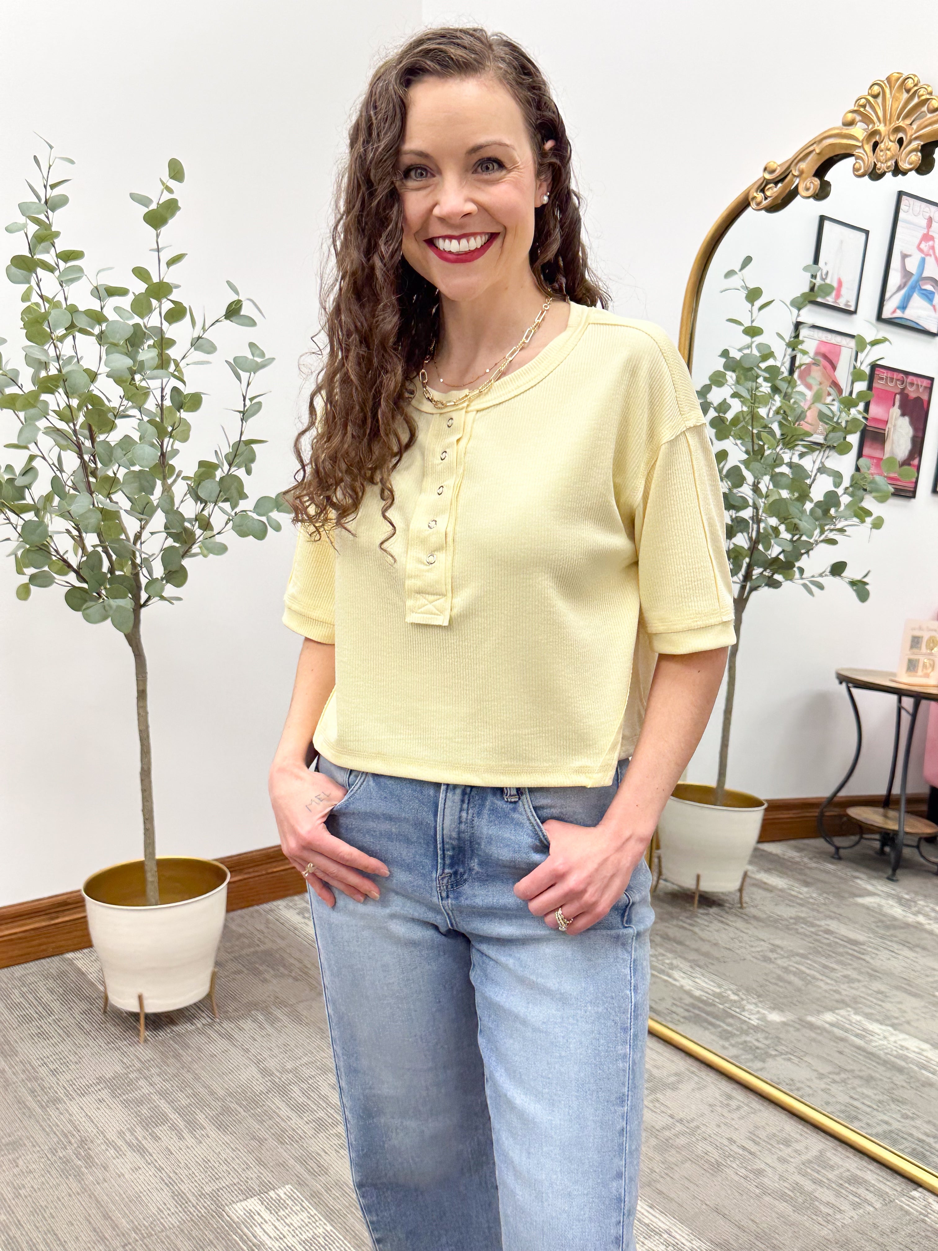 Yellow Short Sleeve Cropped Henley Top