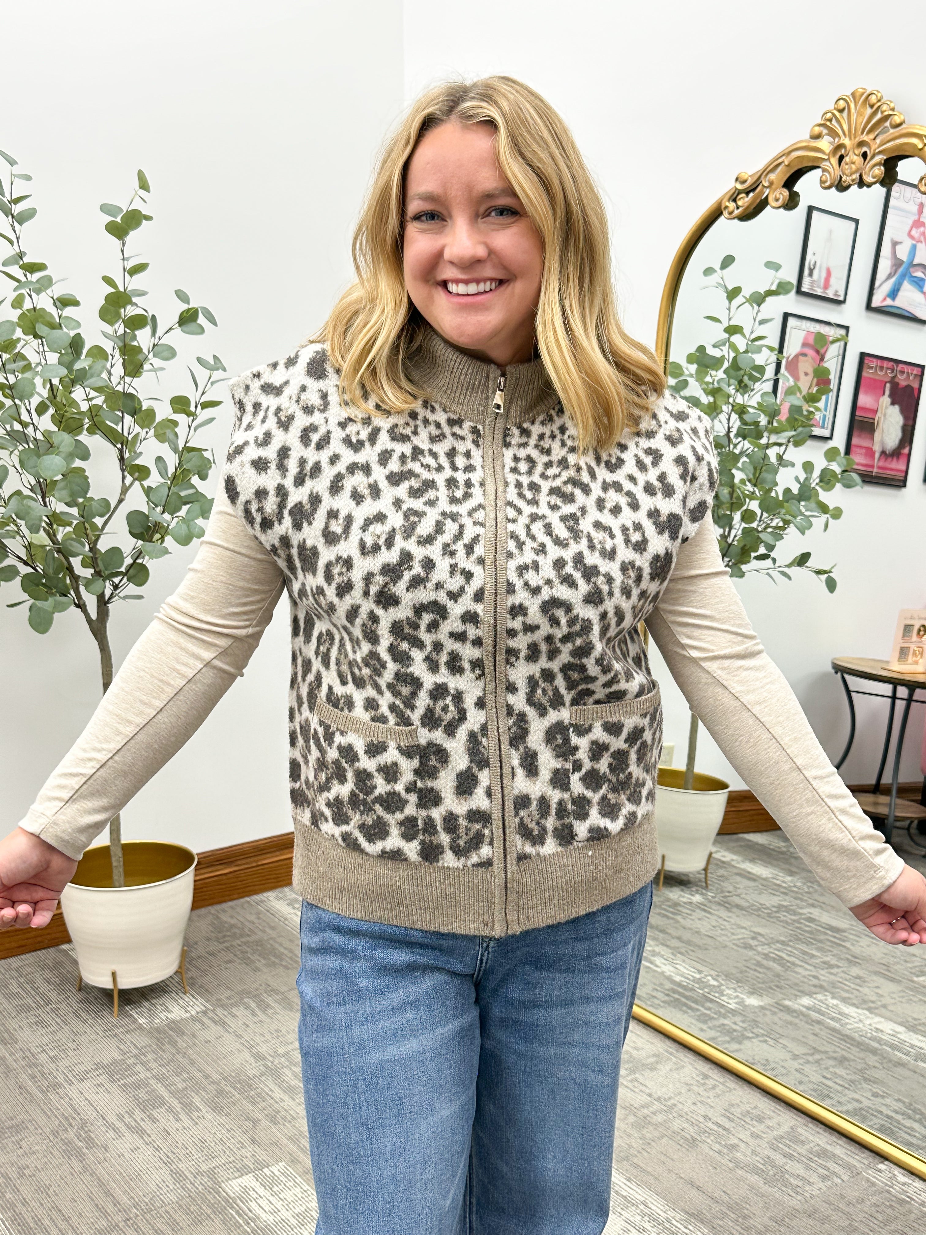 Leopard Print Zip Up Sweater Vest