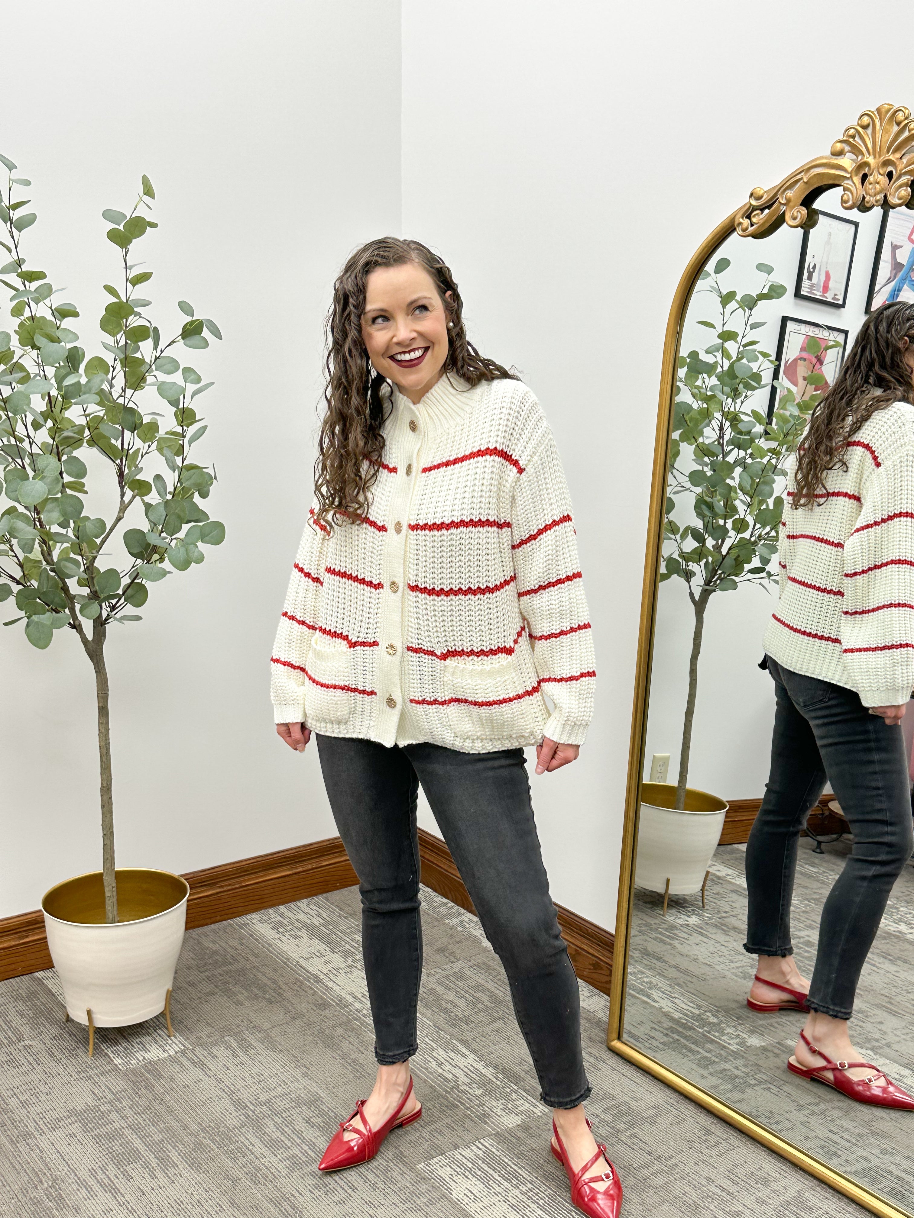 Cream & Red Striped Chunky Knit Cardigan