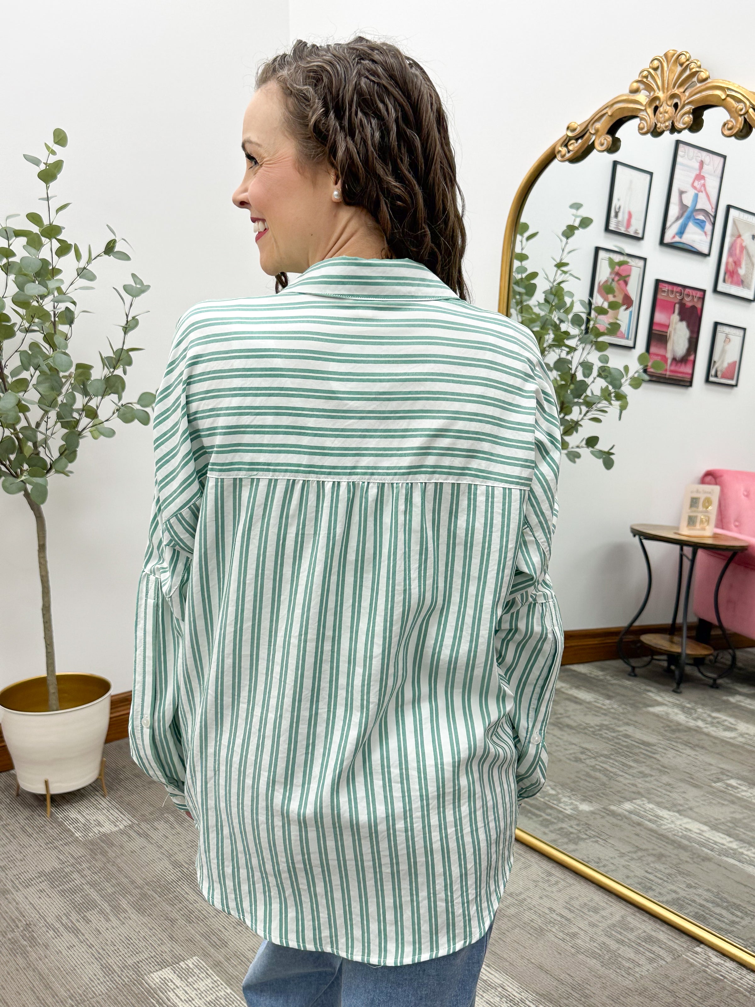 Green Striped Oversized Button Up Shirt