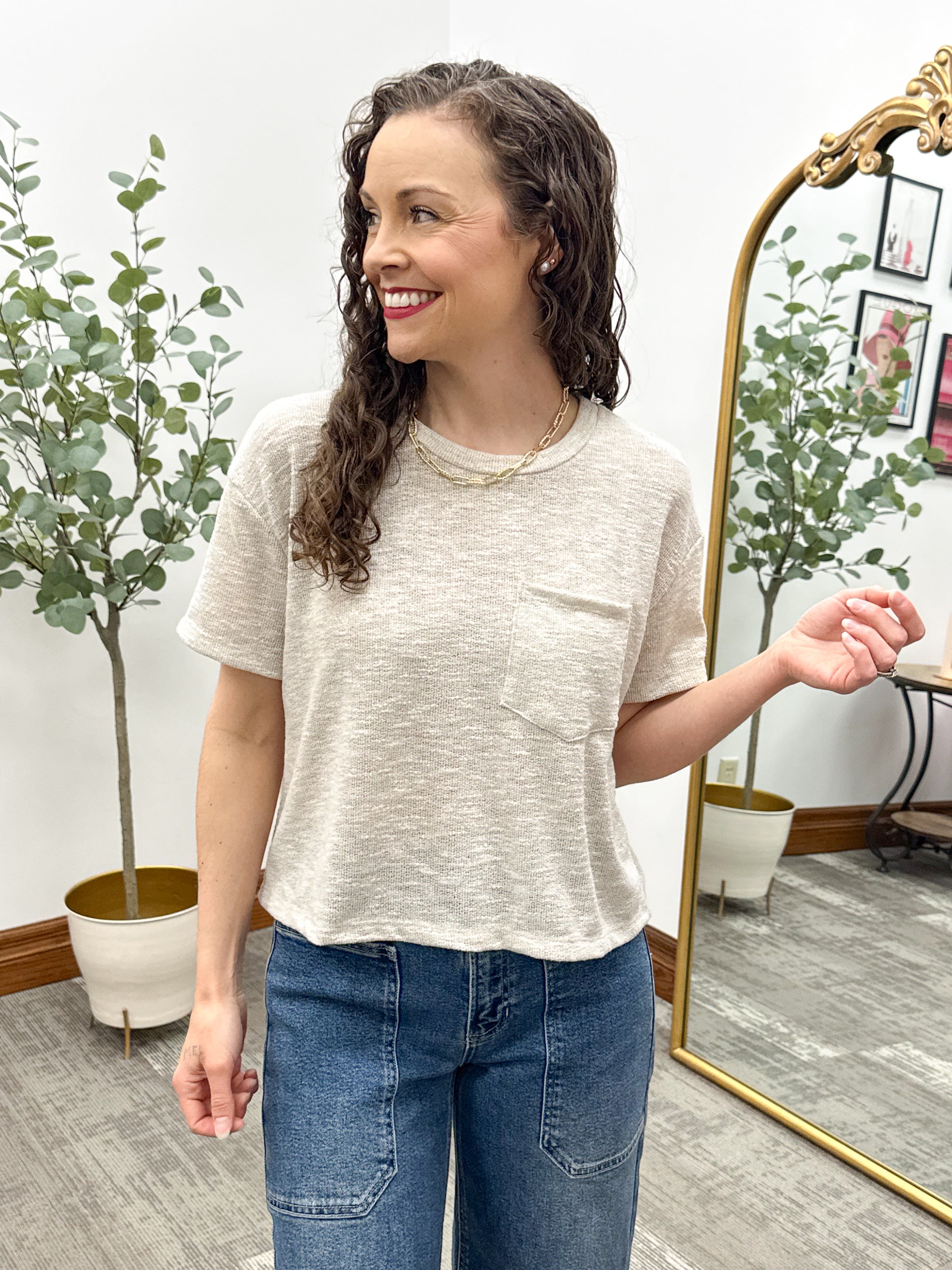 Beige Short Sleeve Knit Top