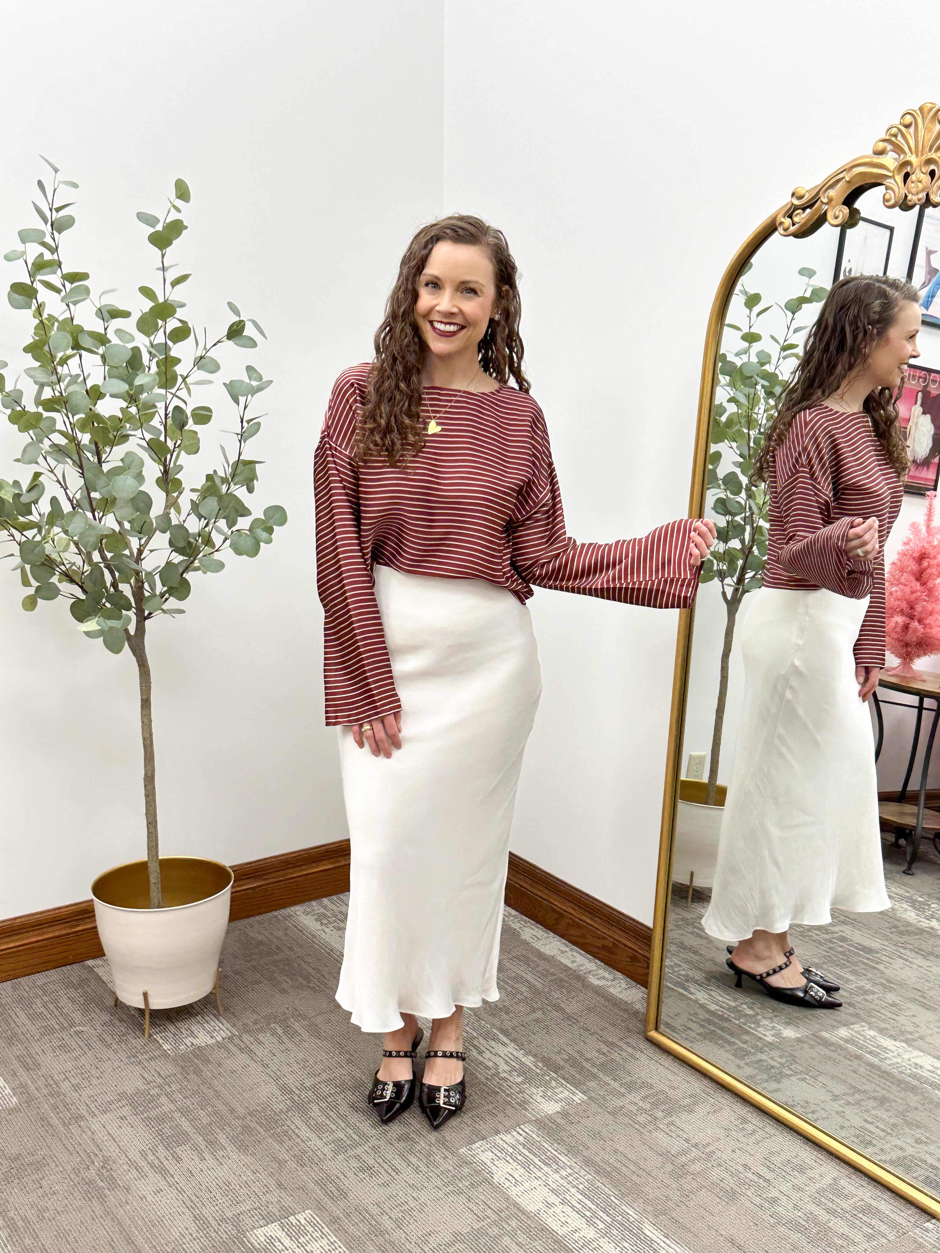 Burgundy & Cream Striped Cropped Blouse