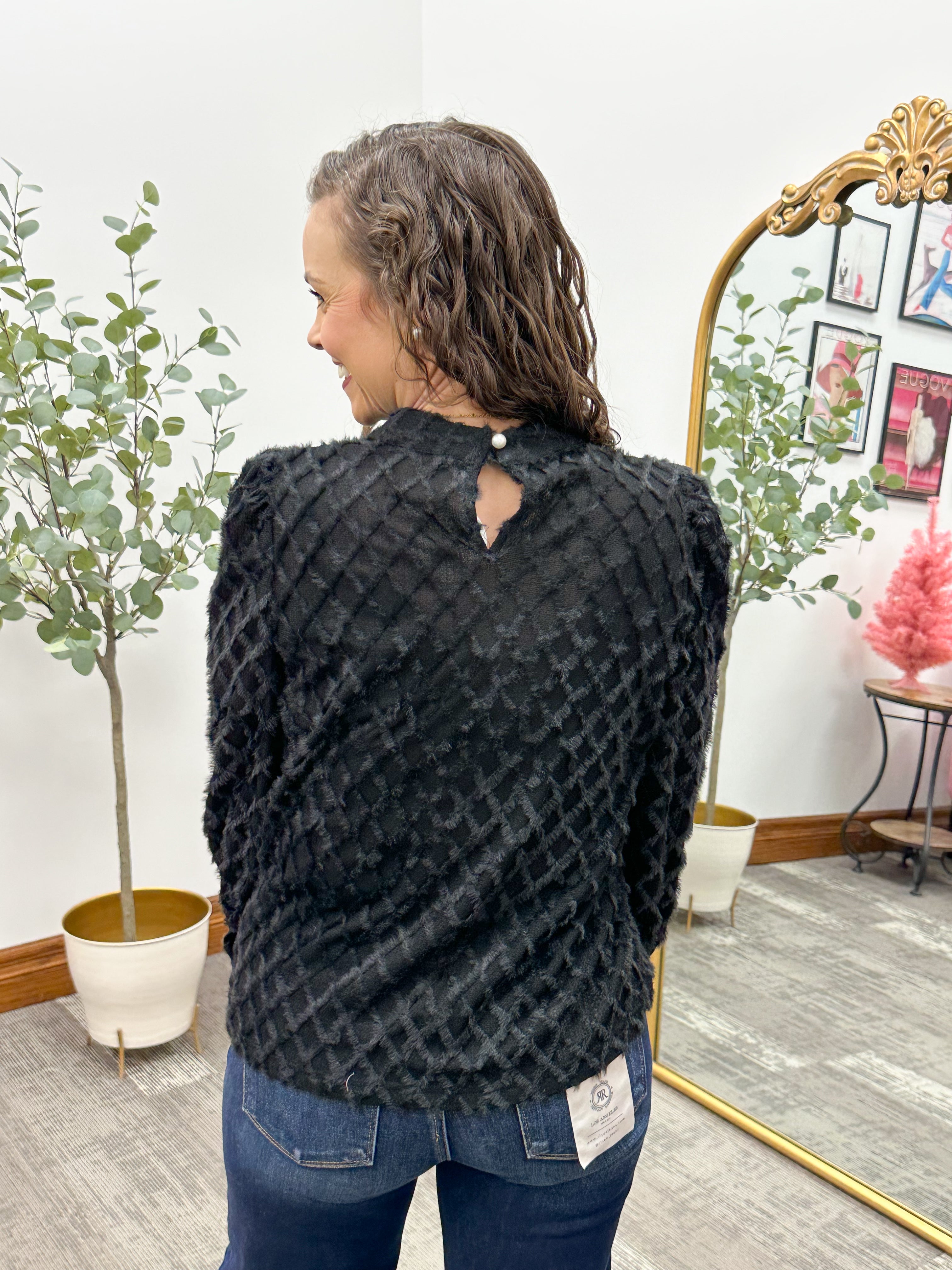 Black Fuzzy Grid Mock Neck Top