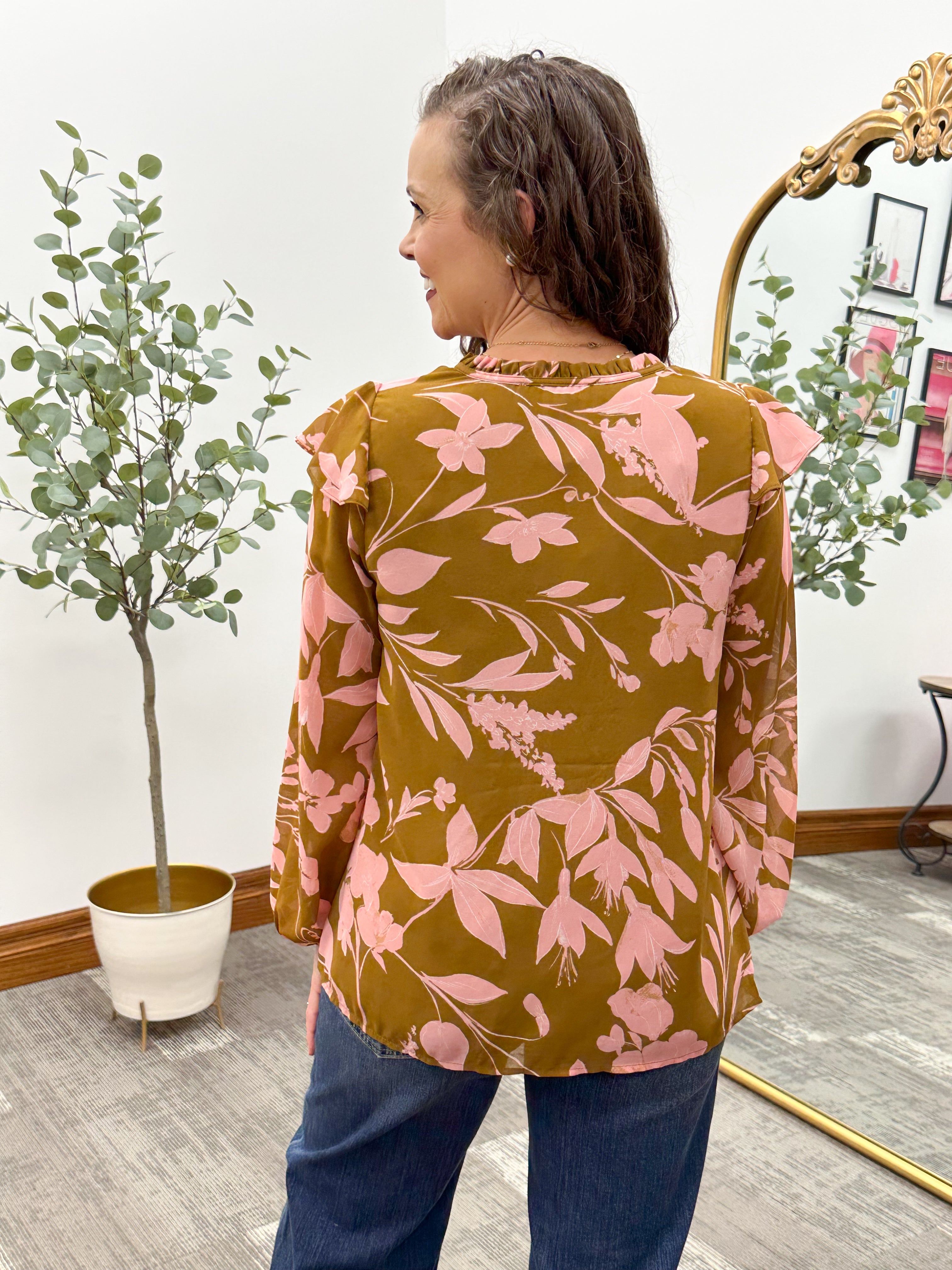 Brown & Pink Ruffle Blouse