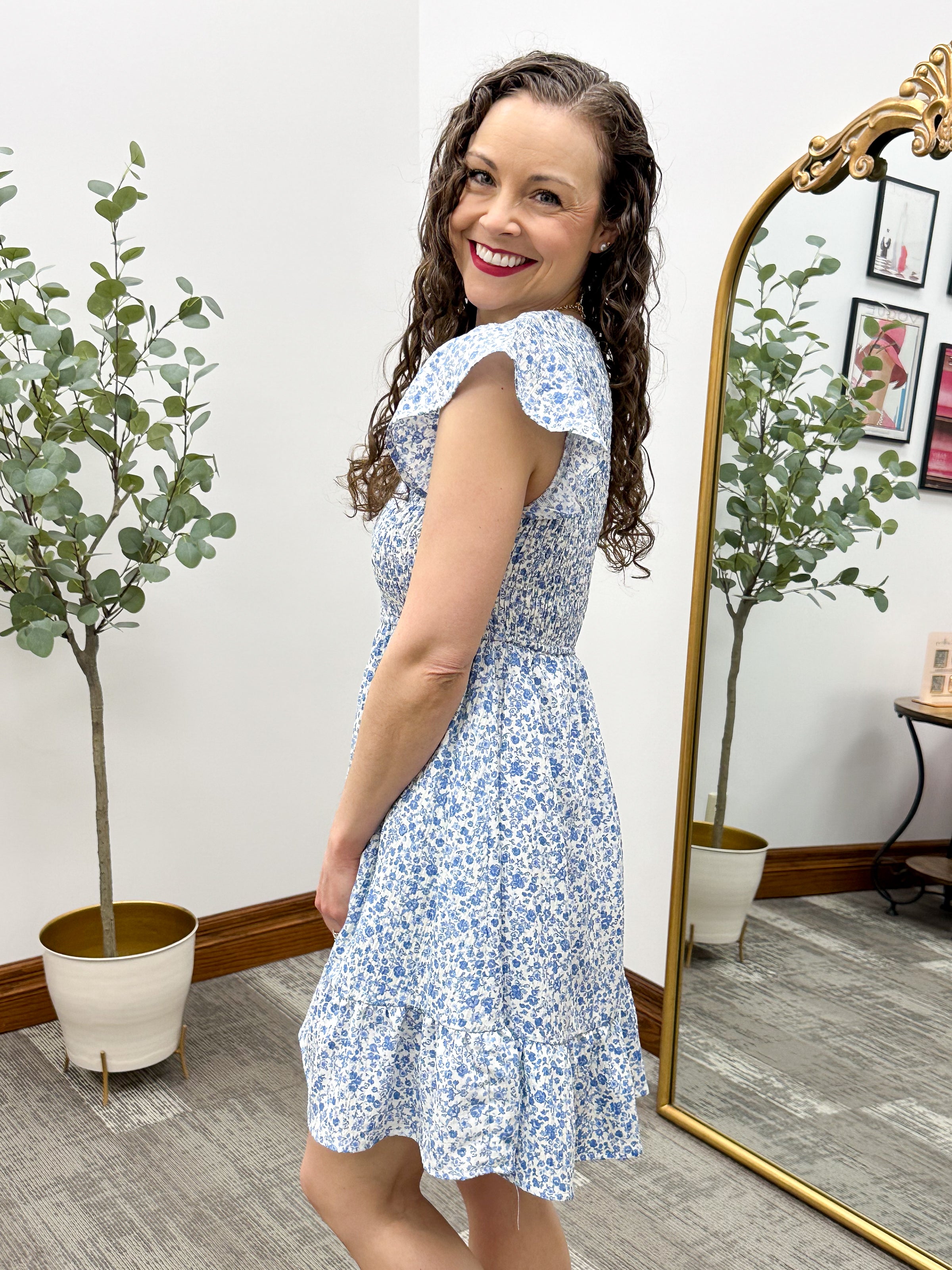 Blue Floral Print Mini Dress