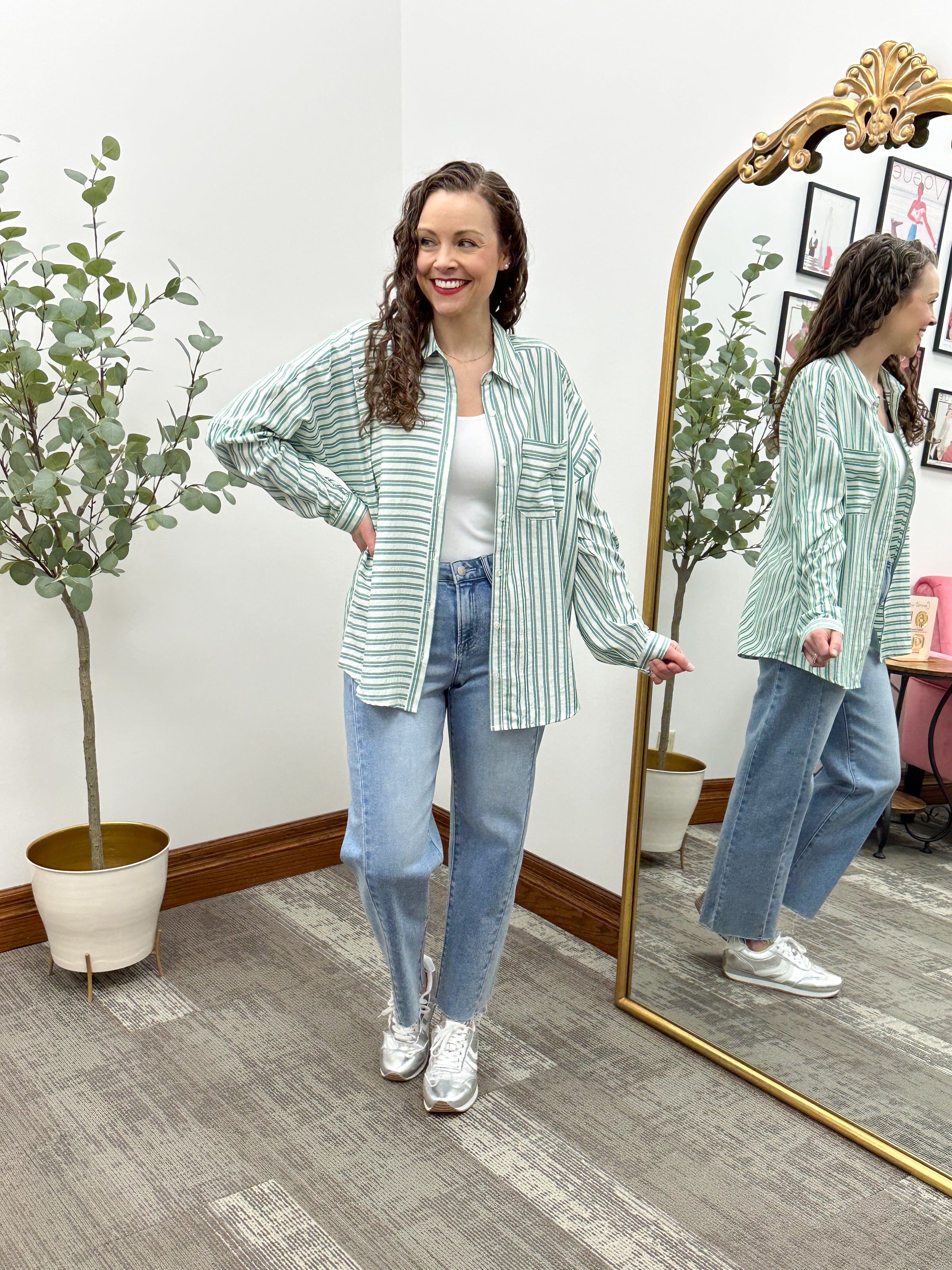 Green Striped Oversized Button Up Shirt