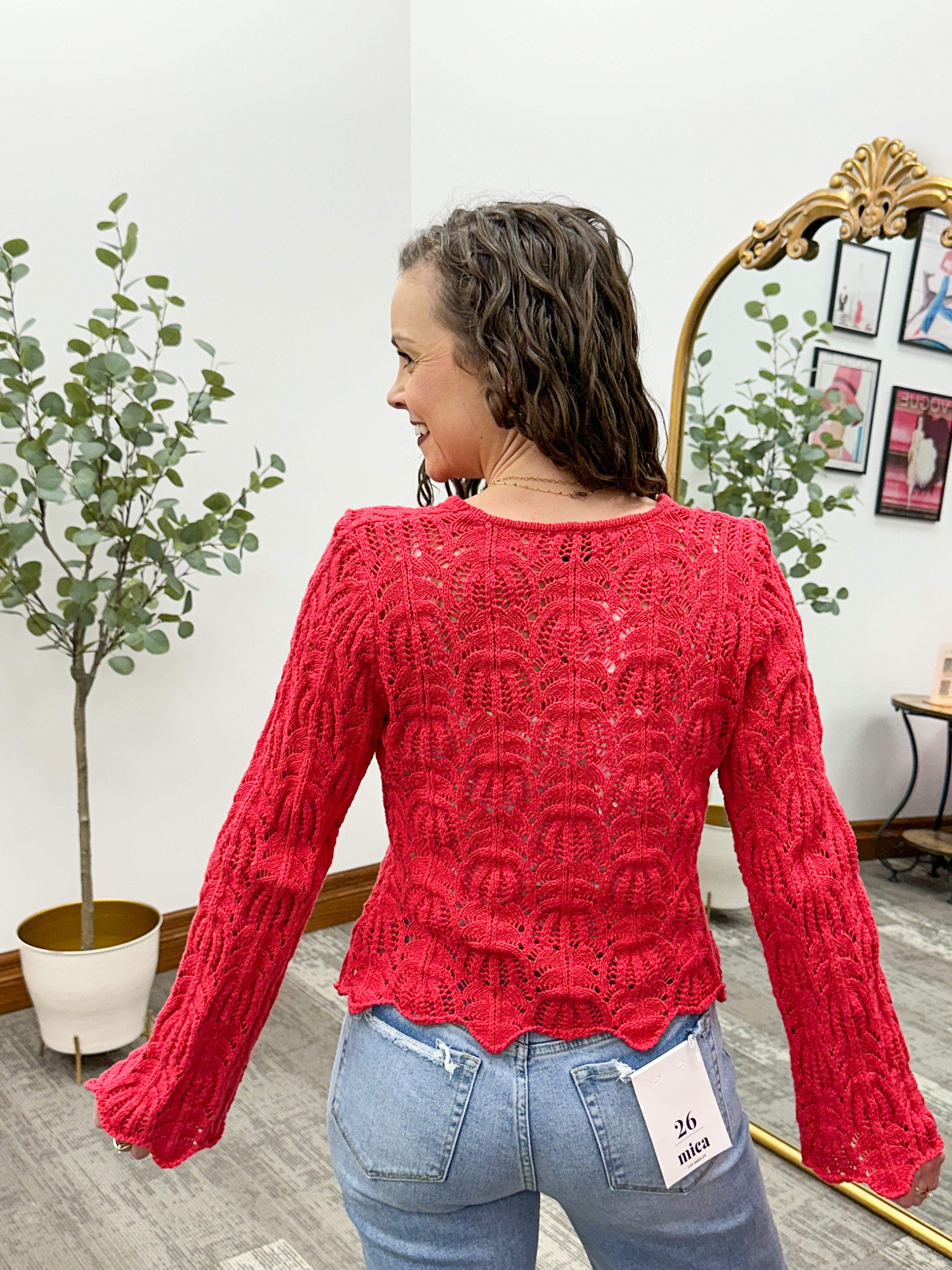 Red Front Tie Open Knit Cardigan