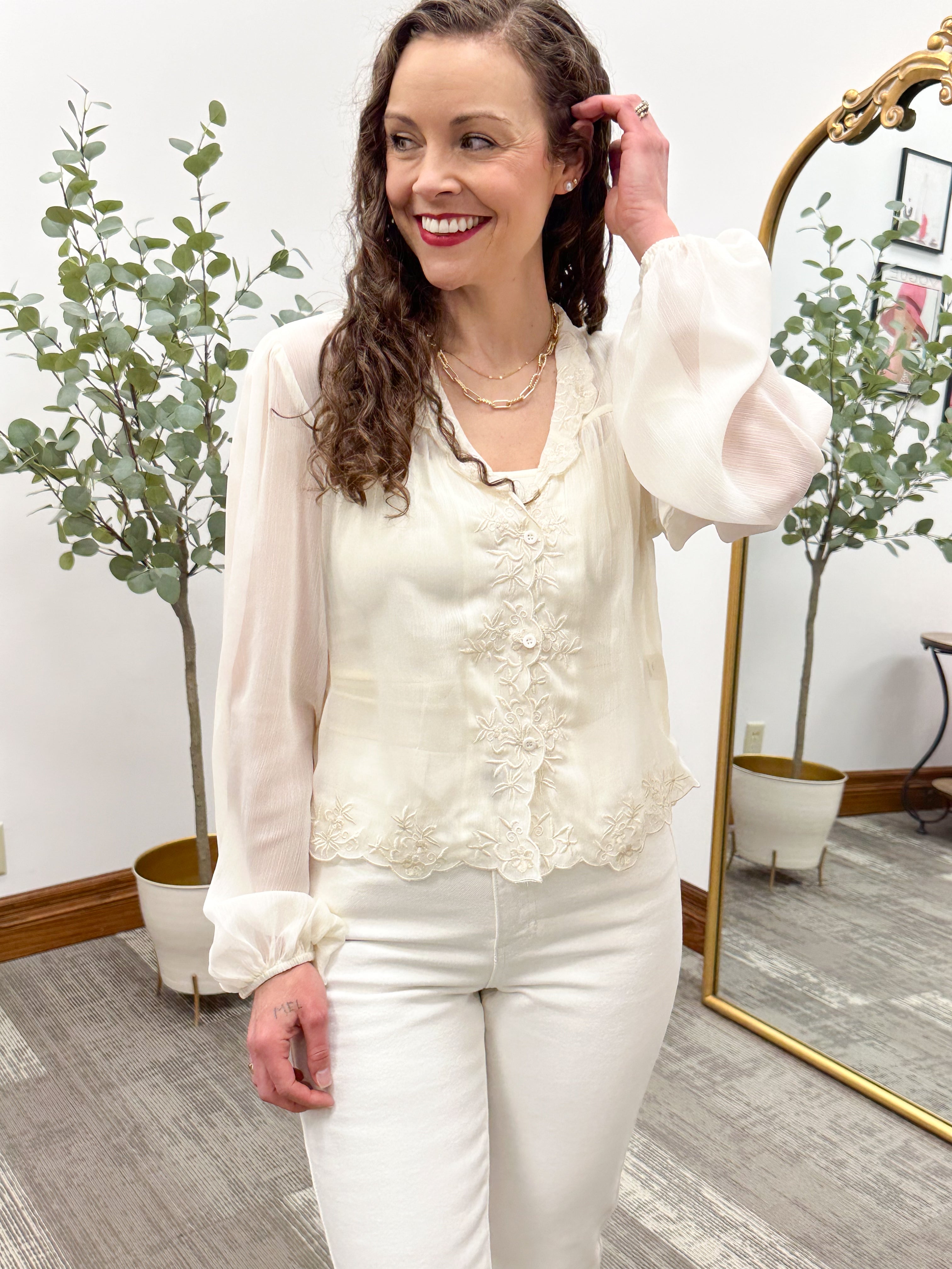 Cream Embroidered Chiffon Blouse