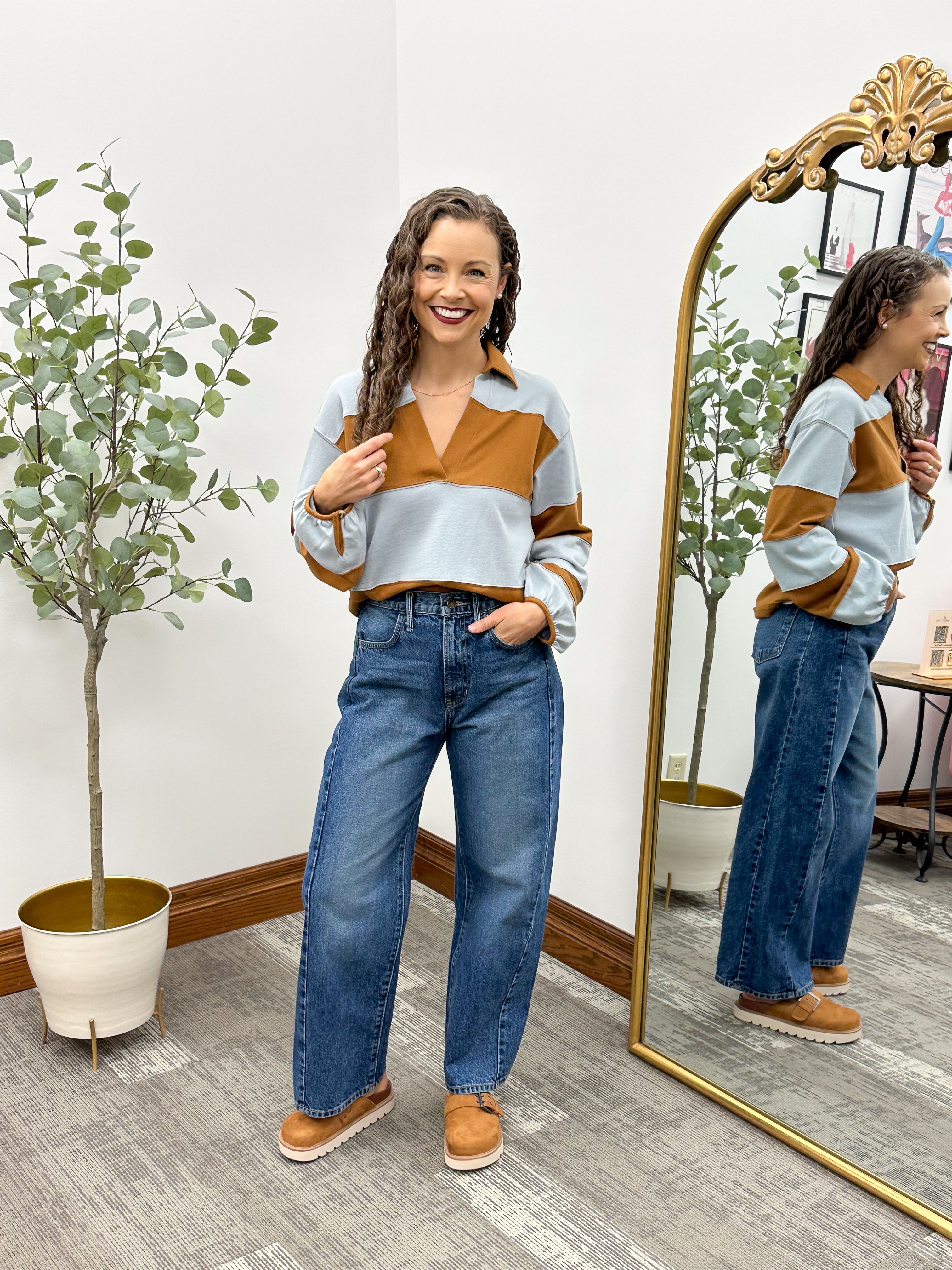 Tan & Blue Striped Collared Long Sleeve Top