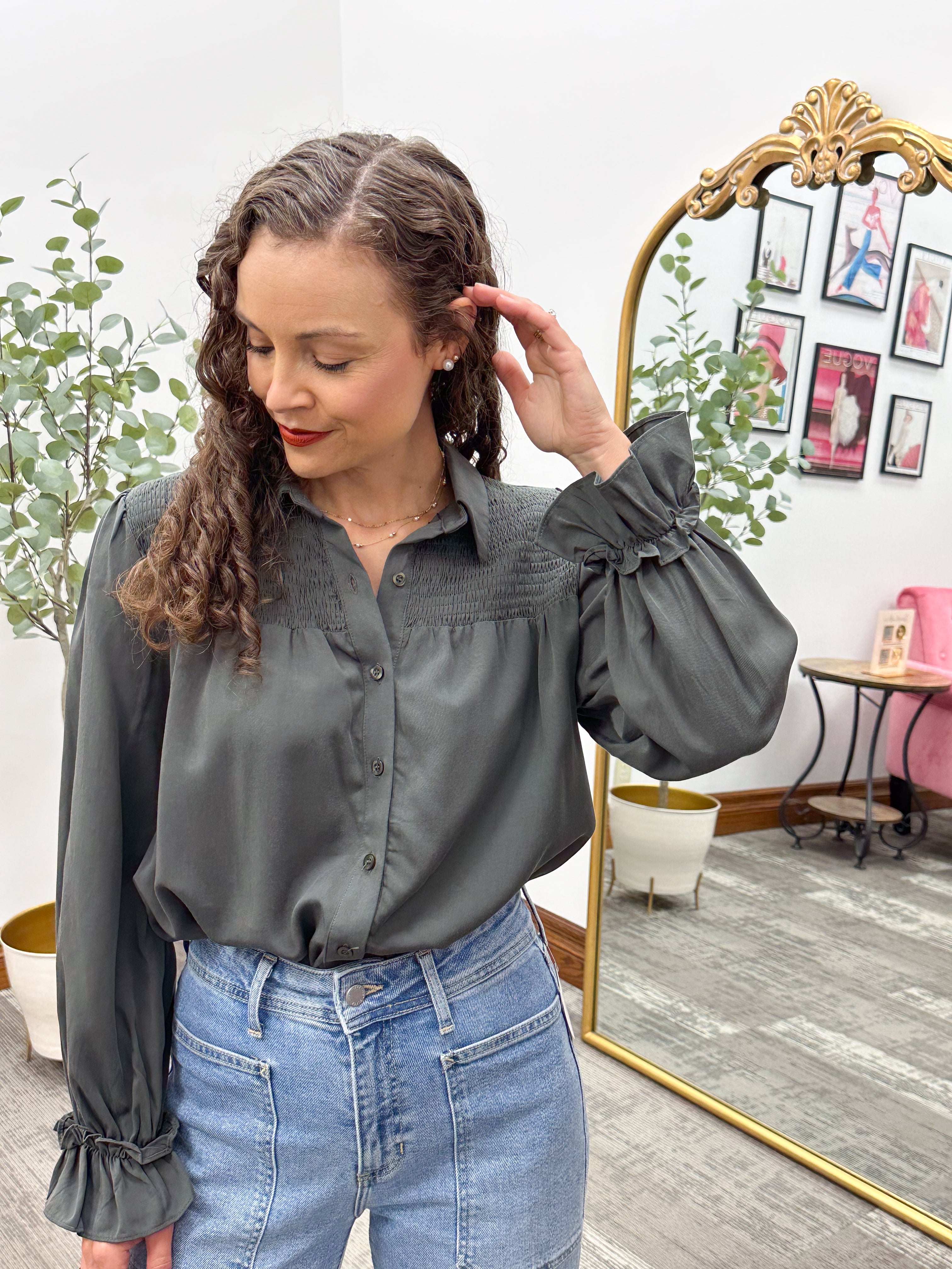 Smocked Button Up Tencel Top