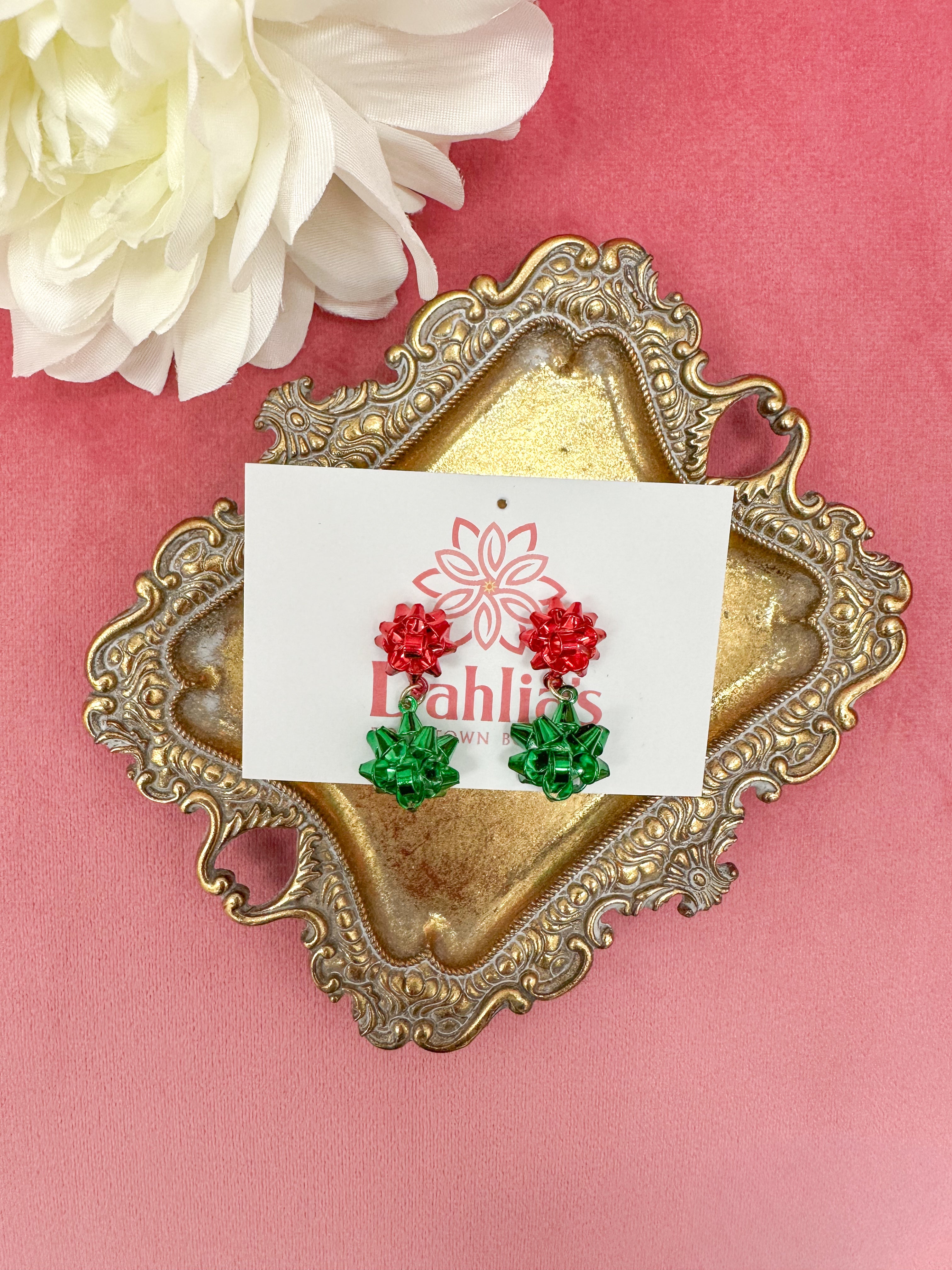 Green & Red Christmas Bow Dangle Earrings