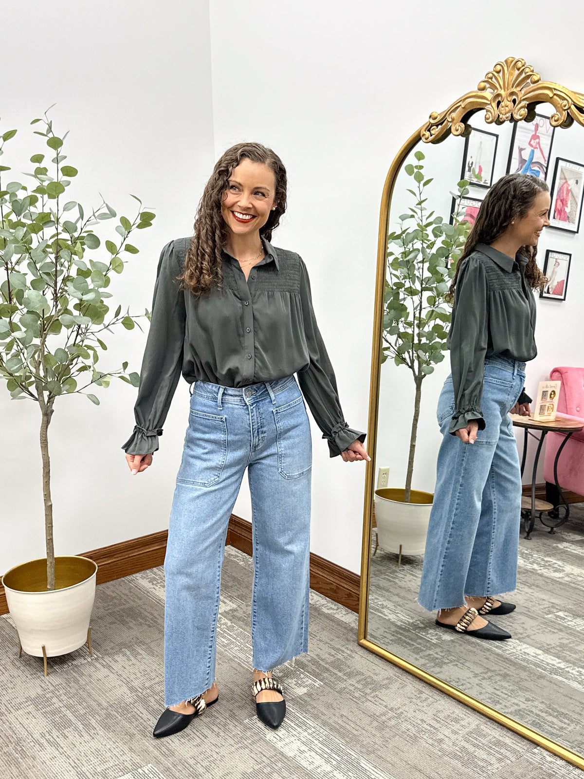 Smocked Button Up Tencel Top