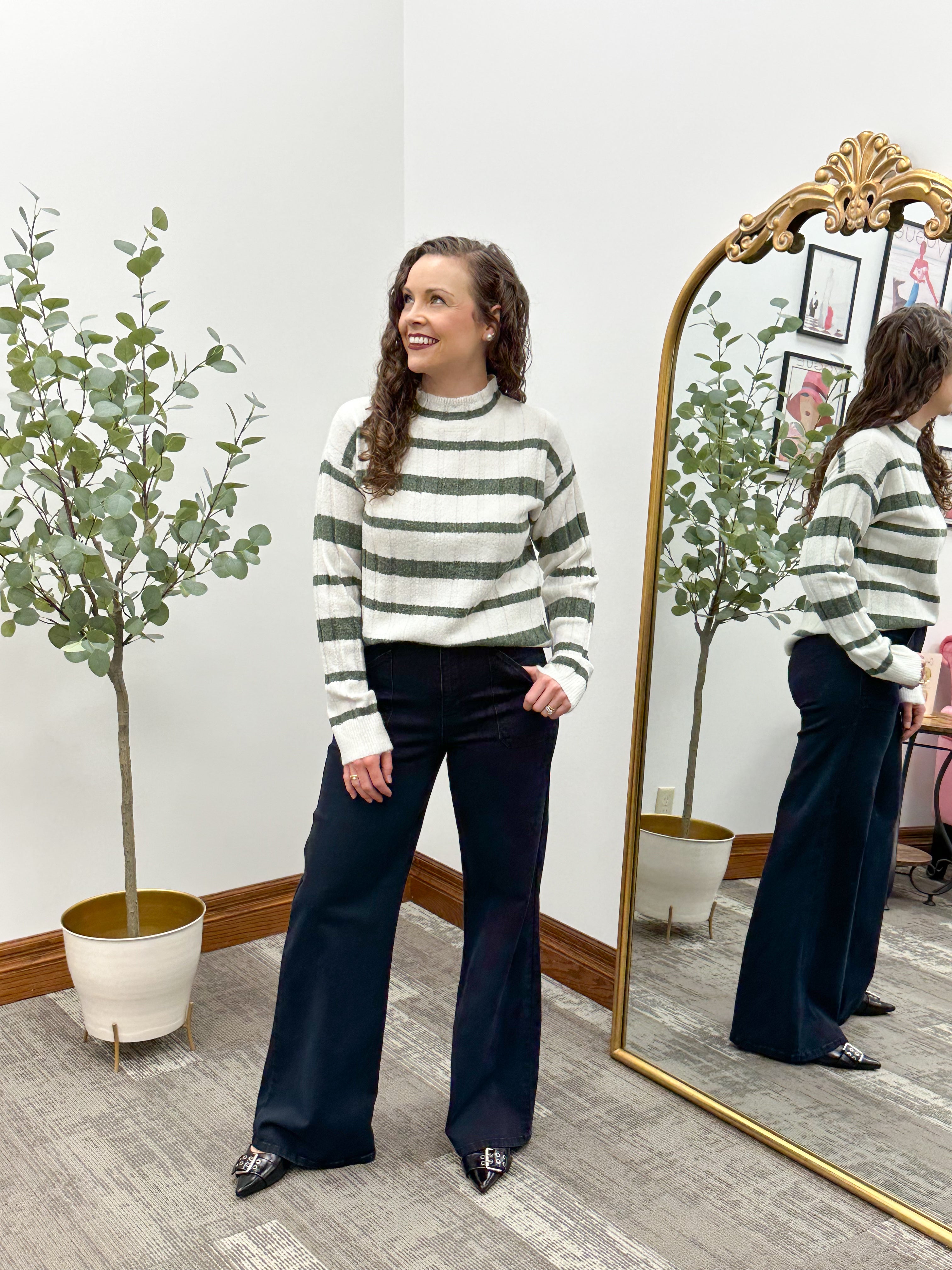 Olive Striped Mock Neck Sweater