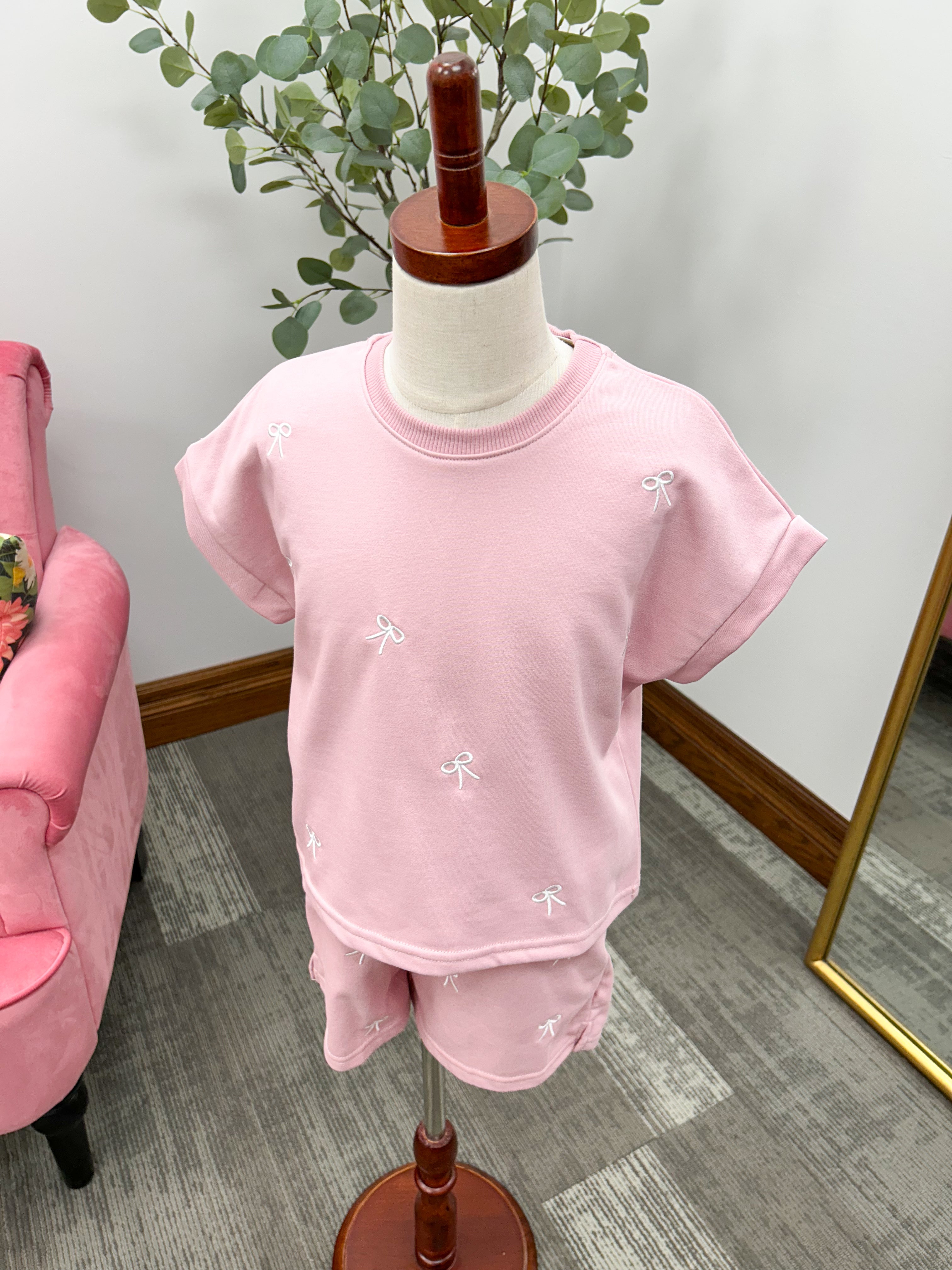Girls Pink Bow Embroidered Shorts