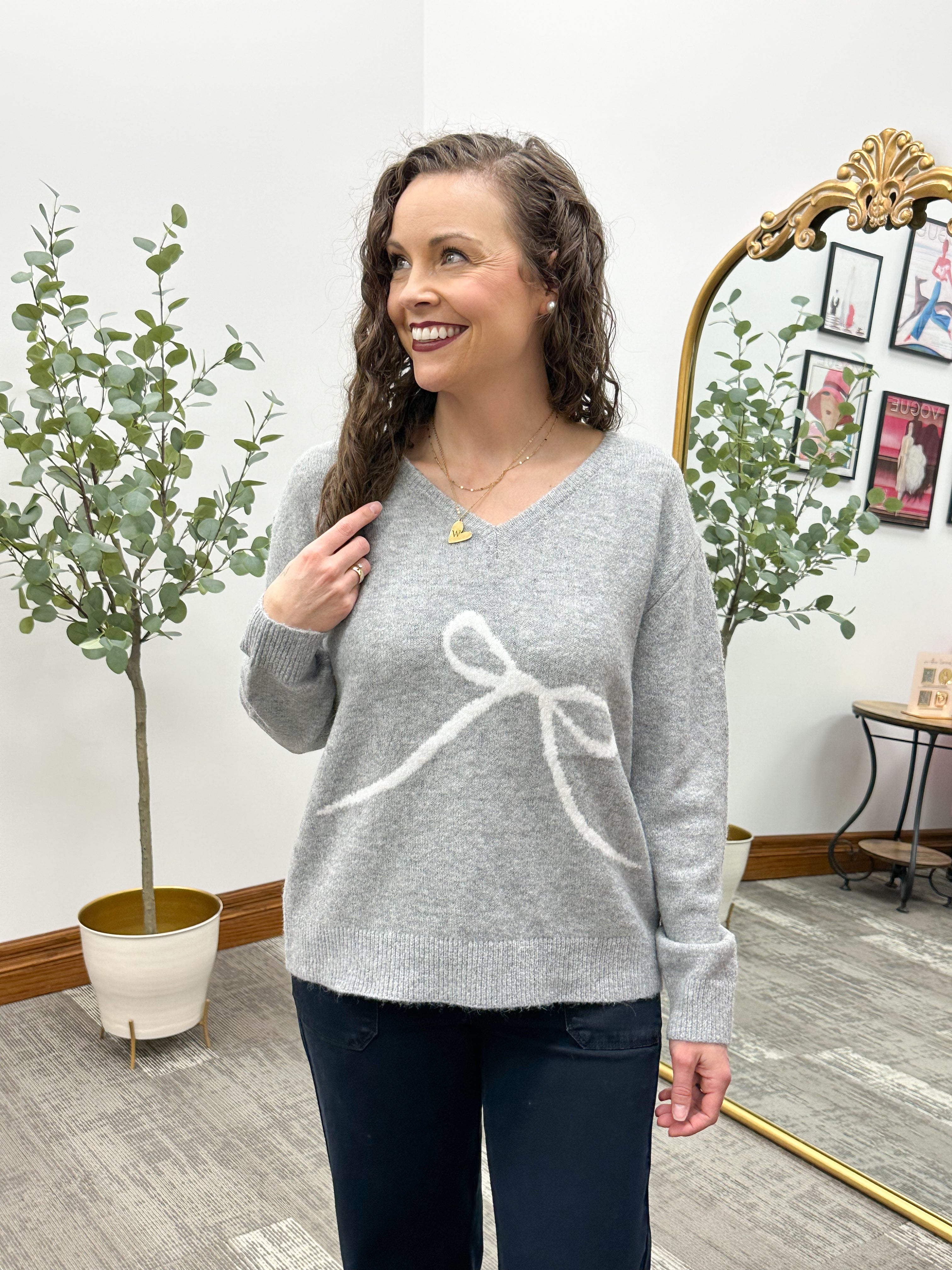Gray V-Neck Bow Sweater