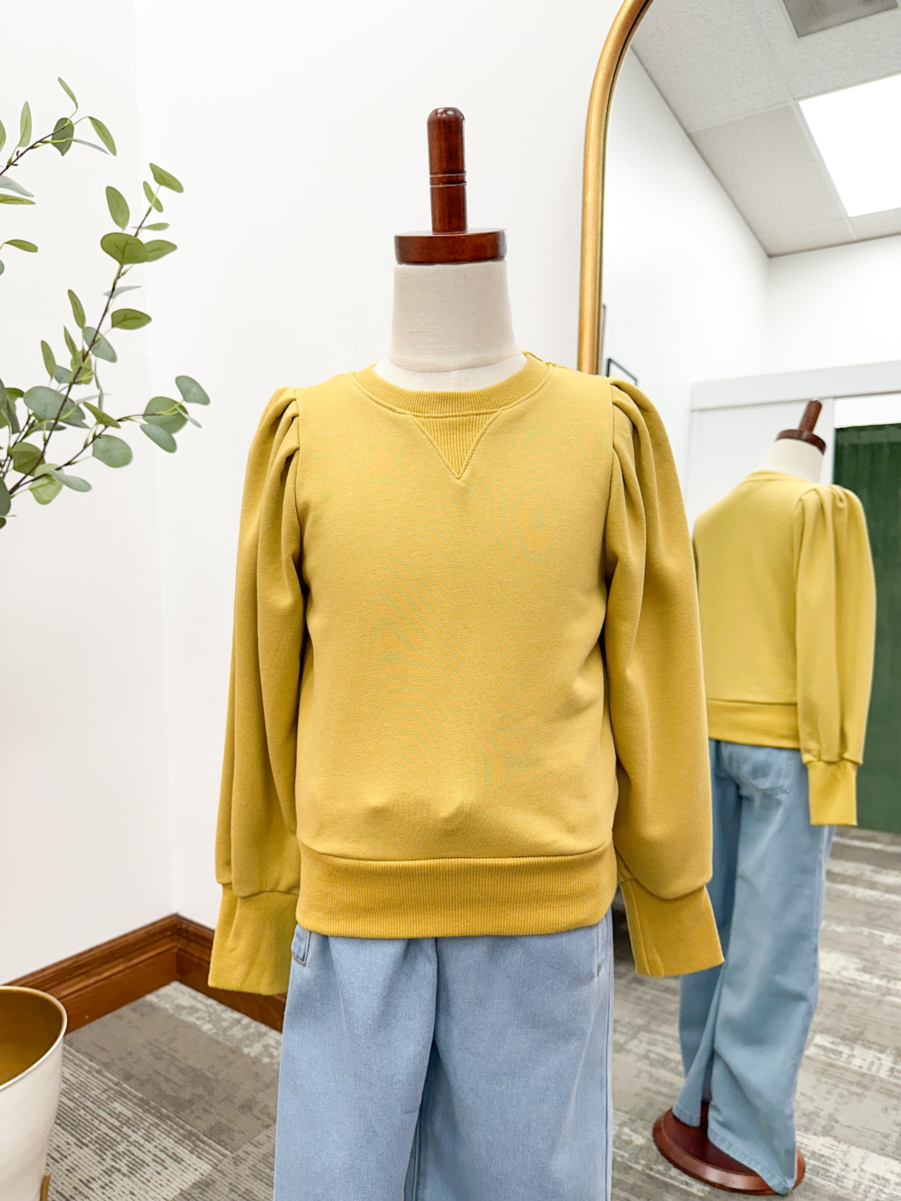 Girls Mustard Puff Sleeve Sweatshirt