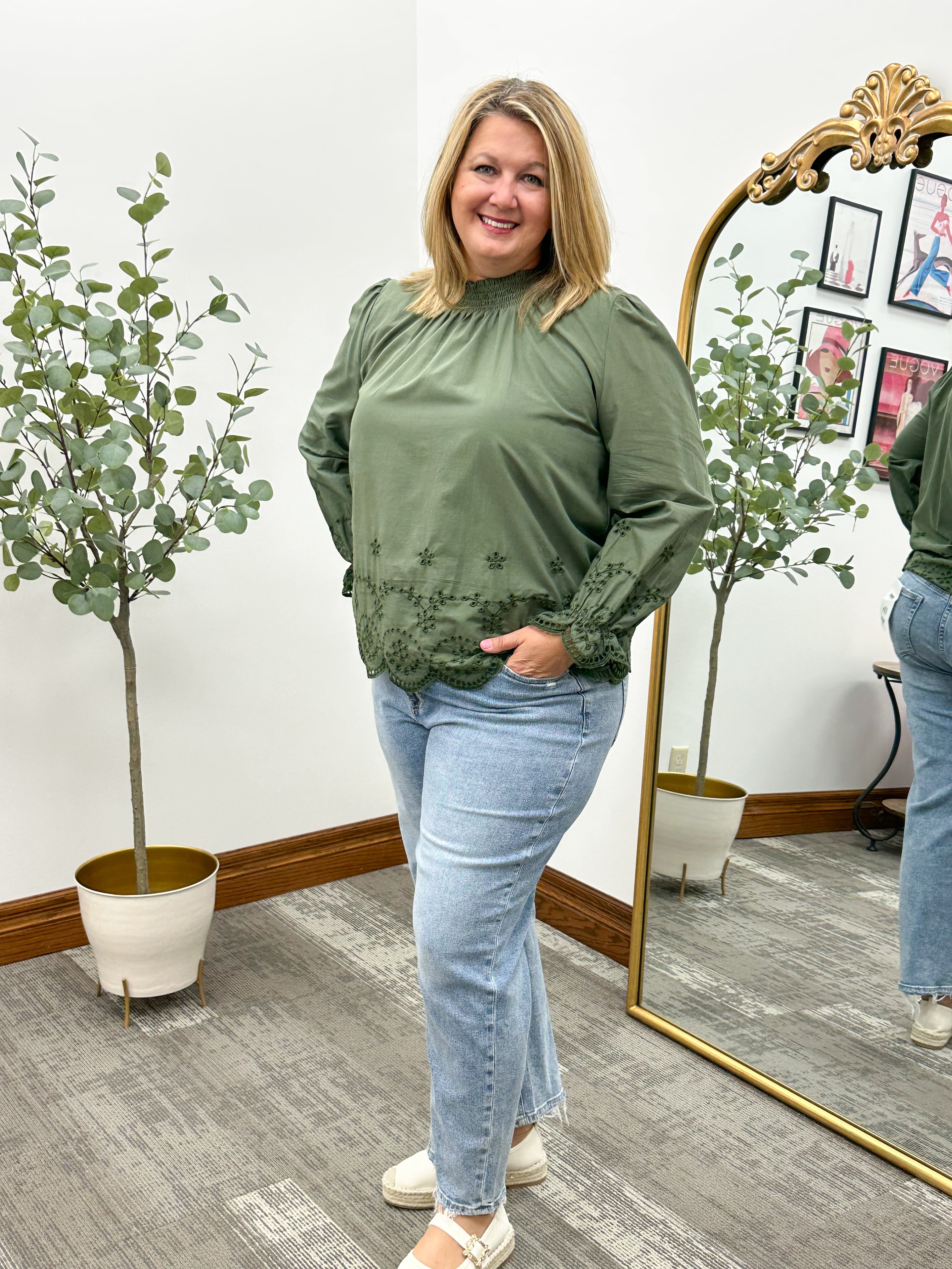 Olive Scallop Hem Eyelet Top